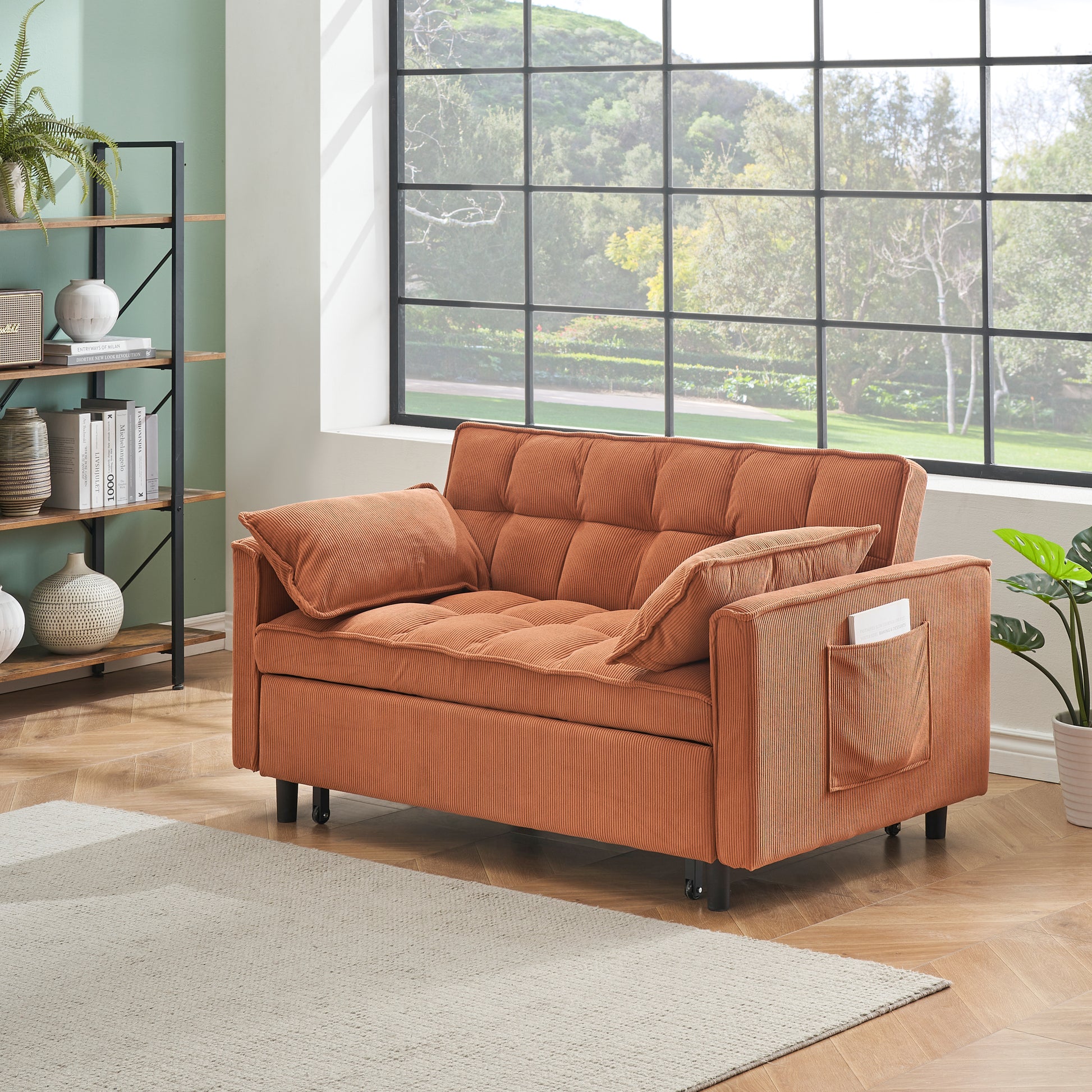 Folding Sofa Bed, Adjustable Back, Access Sofa, Recliner, Single Bed, Orange Orange Corduroy 2 Seat