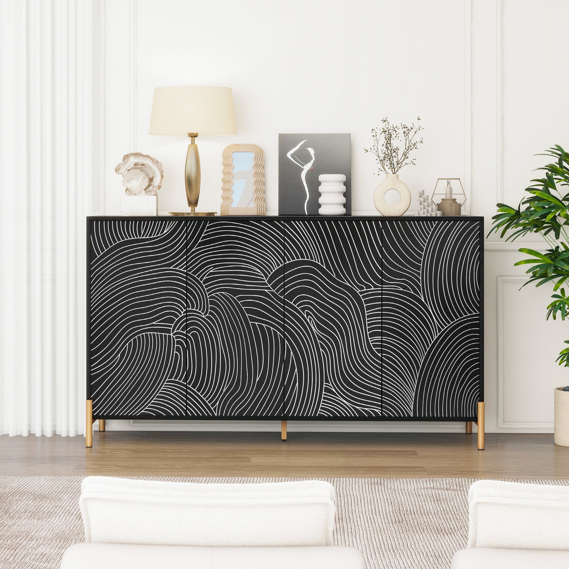 Carved 4 Door Sideboard ,Sideboard Buffet Cabinet With Storage ,Storage Cabinet With Adjustable Shelf For Living Room,Bedroom ,Diningroom Black Modern Mdf