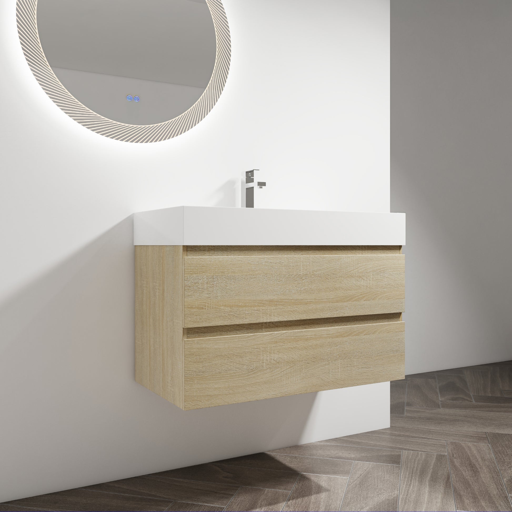 36" Wall Mounted Bathroom Vanity With Resin Sink, 2 Soft Close Drawers, Kd Package 2 Light Oak Bathroom Wall Mounted Modern Plywood