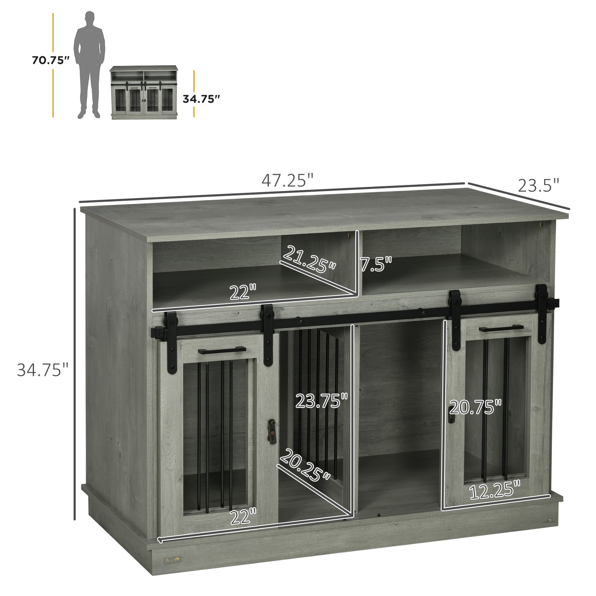 Pawhut Dog Crate Furniture For Large Dogs Or Double Dog Kennel For Small Dogs With Shelves, Sliding Doors, 47" X 23.5" X 35", Gray Gray Steel