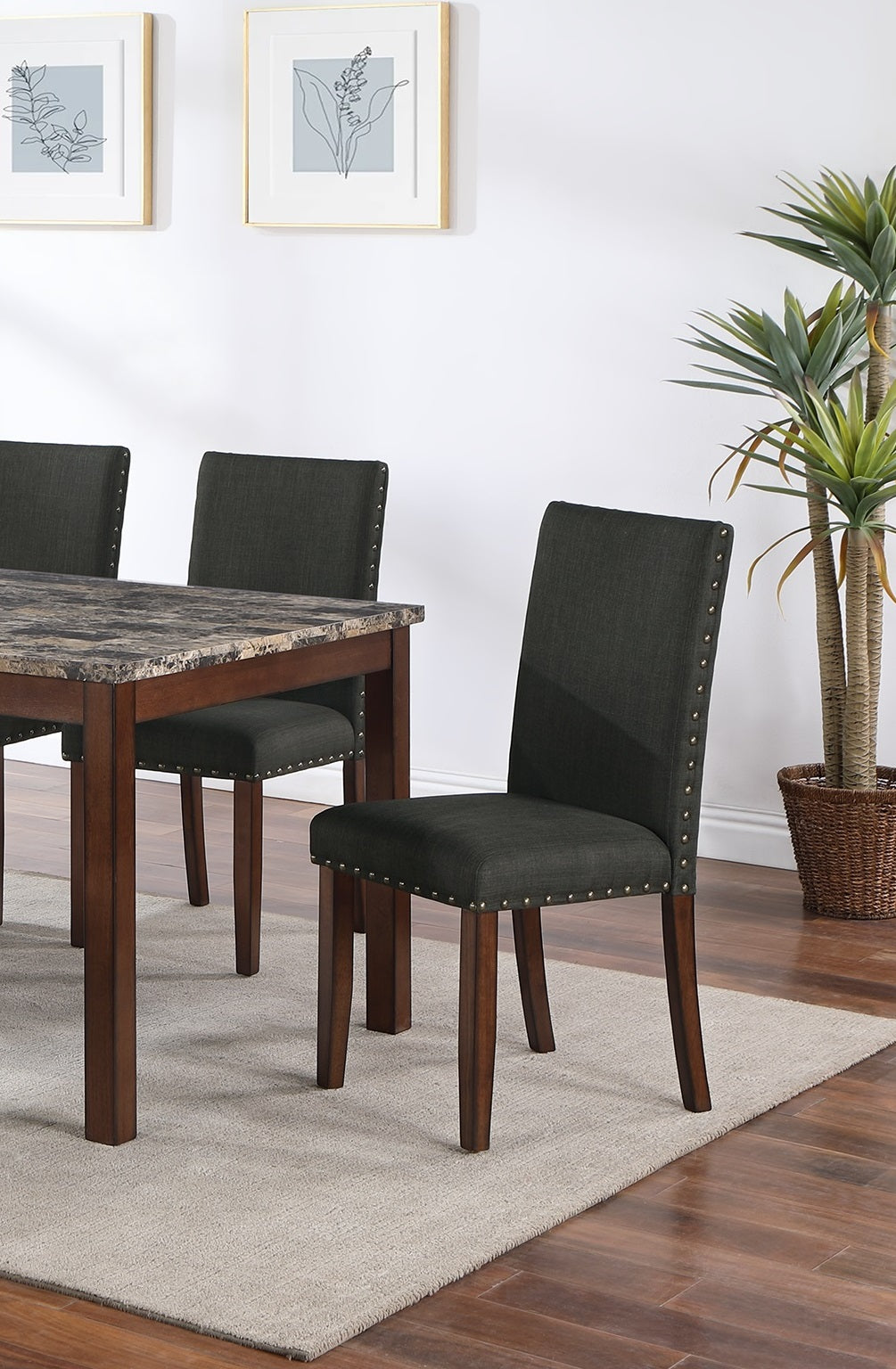 Dining Room Furniture Modern 6Pcs Set Dining Table 4X Side Chairs And A Bench Ash Black Polyfiber Rubberwood Nailheads Faux Marble Top Brown Wood Dining Room Bench Seating Rubberwood Rectangular Dining Table With Chair And Bench Wood Wood Multi Seats 6