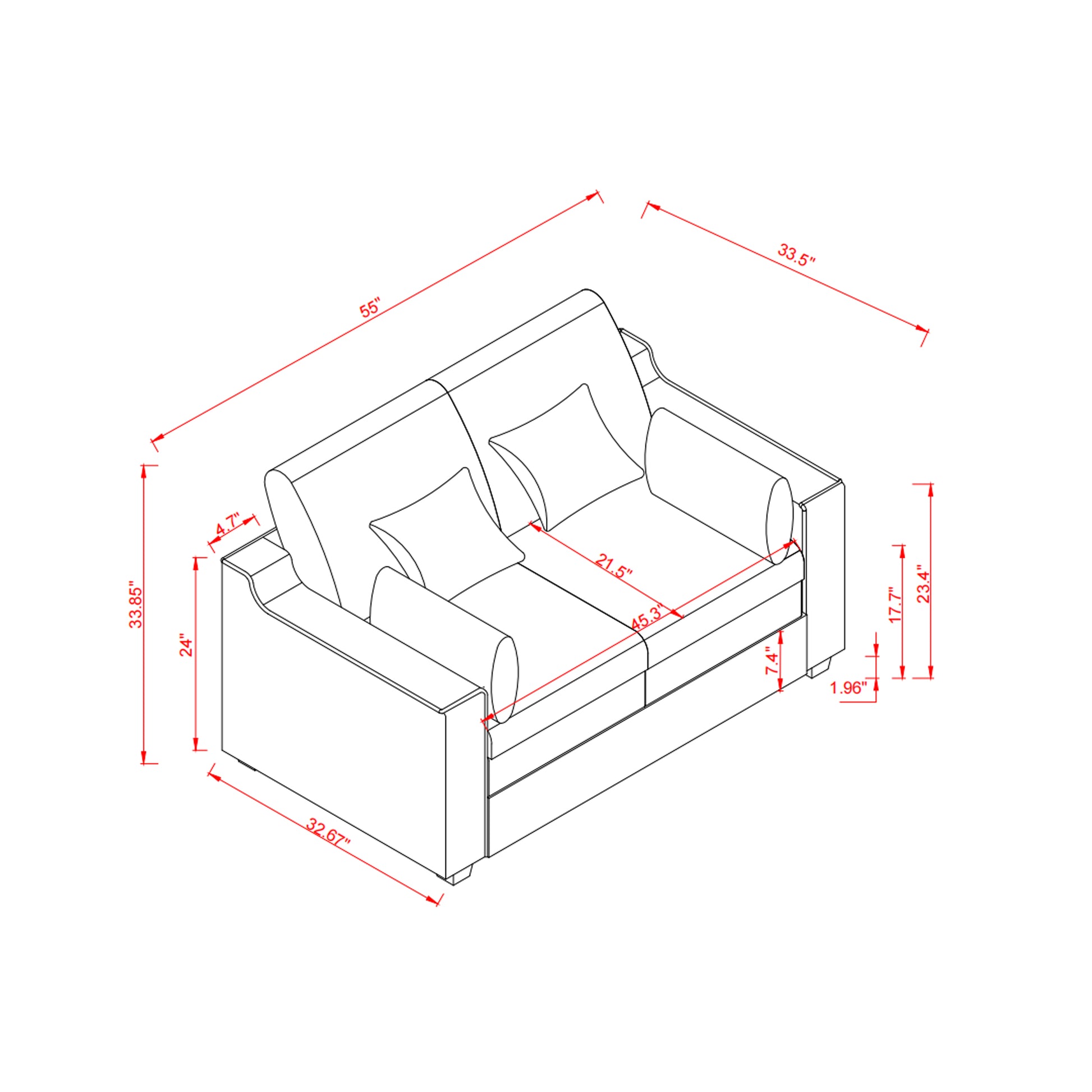 55" Loveseat Couch 2 Seater Sofa With Pillows Polyester Upholstery Duck Down Filled Cushion Sofa For Living Room Apartment,Grey Grey Polyester Wood Primary Living Space Soft Cushion Back Foam Polyester 2 Seat