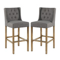 Wooden Barstool With Padded Seat, Button Tufted, Wing Back, Set Of 2, Gray And Brown Grey Wood