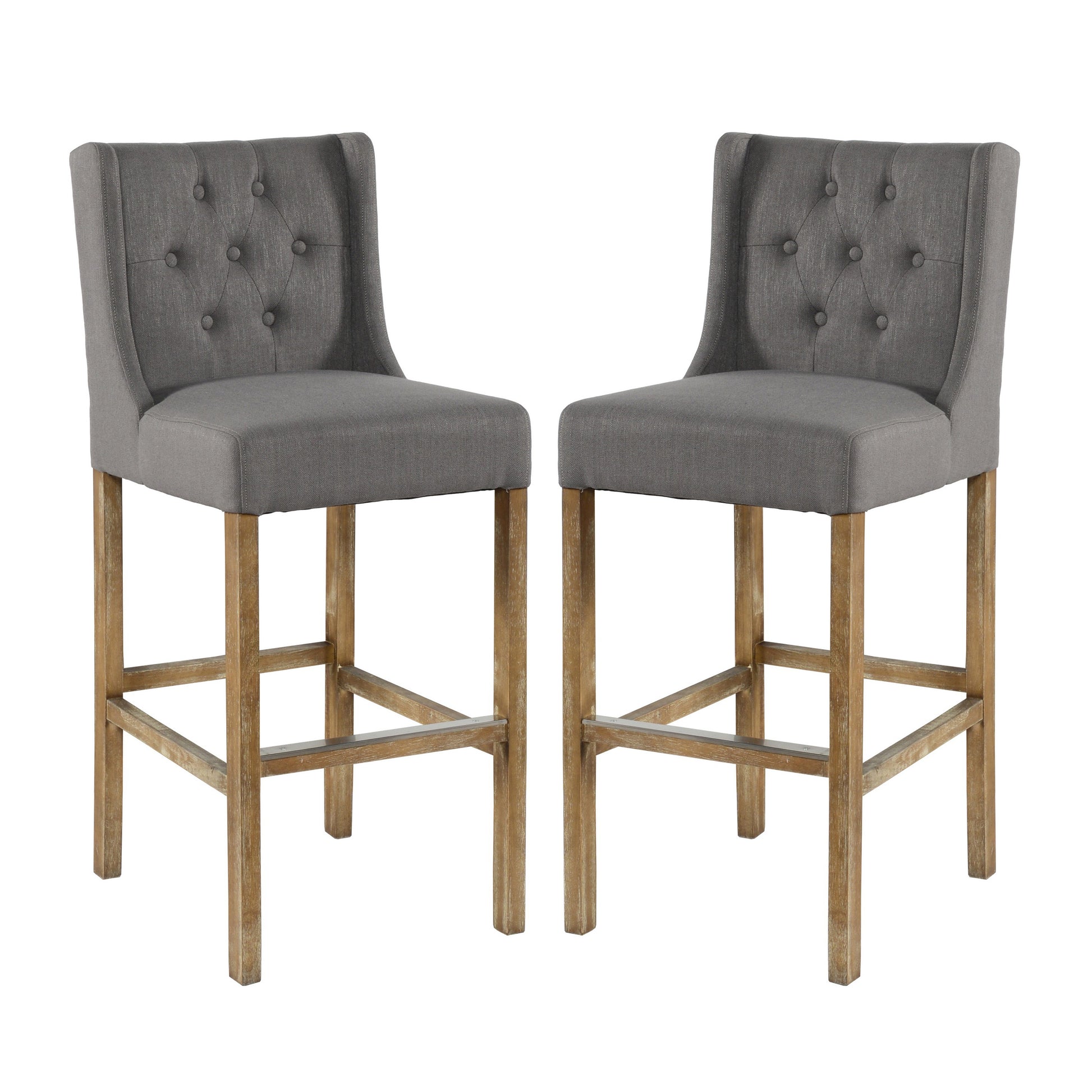 Wooden Barstool With Padded Seat, Button Tufted, Wing Back, Set Of 2, Gray And Brown Grey Wood