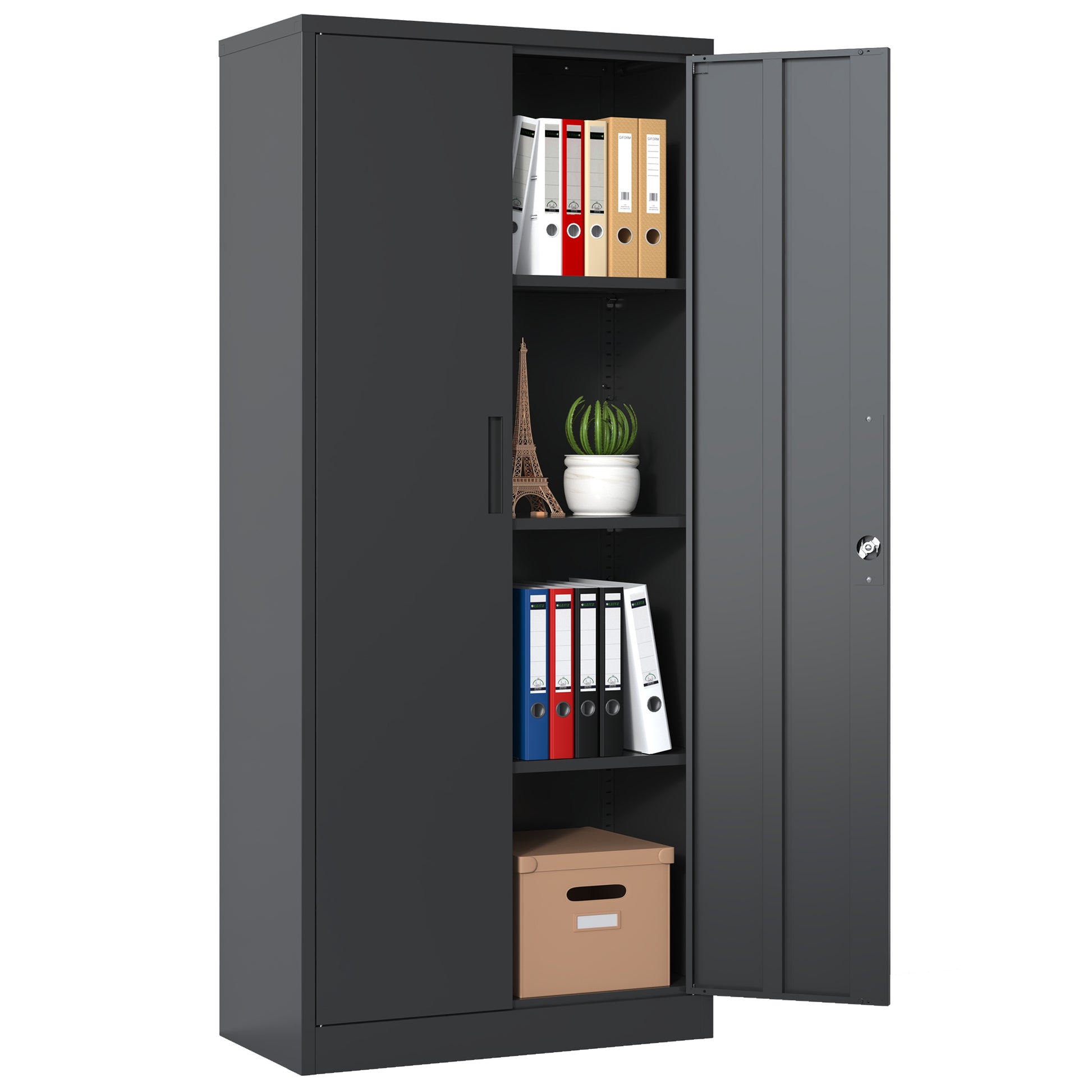 71"H Metal Garage Storage Cabinet, Black Tool Steel Locking Cabinet With Doors And 3 Shelves, Tall Cabinets For Garage Storage Systems Lockable File Cabinet For Home Office, Classroom Pantry Filing Cabinets 3 4 Shelves Black Office Adjustable Shelves