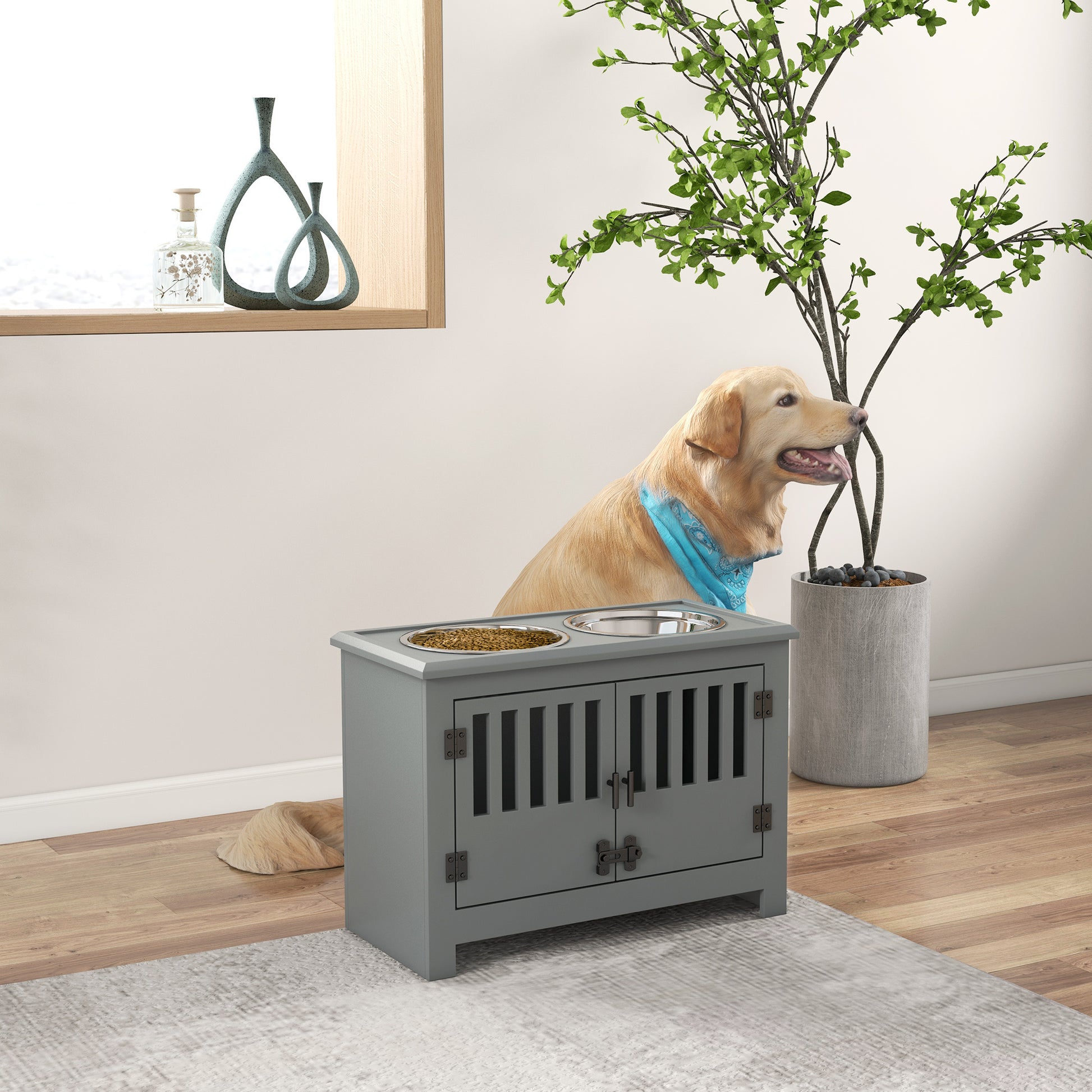 Pawhut Large Elevated Dog Bowls With Storage Cabinet Containing Large 37L Capacity, Raised Dog Bowl Stand Pet Food Bowl Dog Feeding Station, Gray Gray Mdf