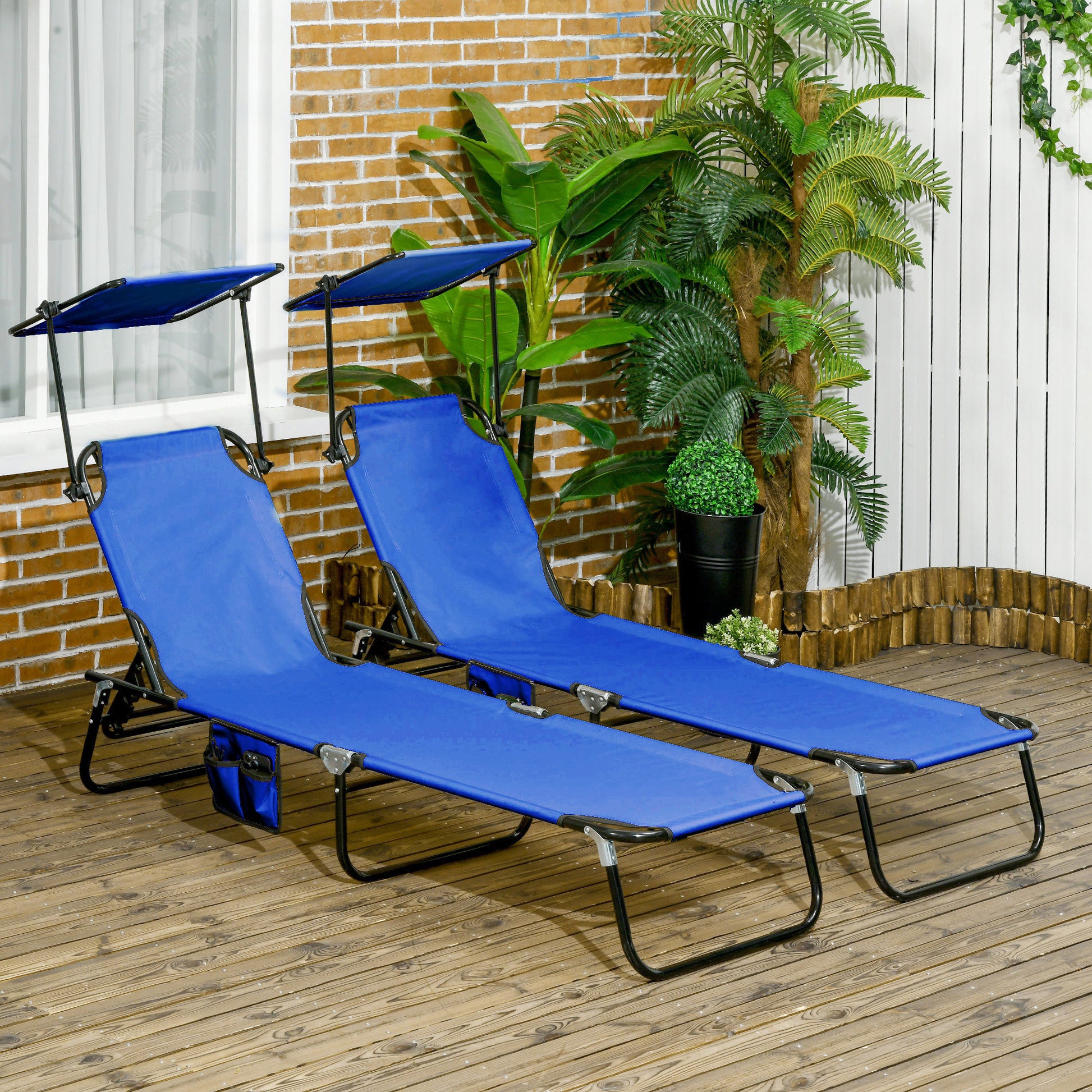 Outsunny Folding Chaise Lounge Pool Chairs, Outdoor Sun Tanning Chairs With Canopy Shade, Reclining Back, Steel Frame And Side Pocket For Beach, Yard, Patio, Blue Blue Steel