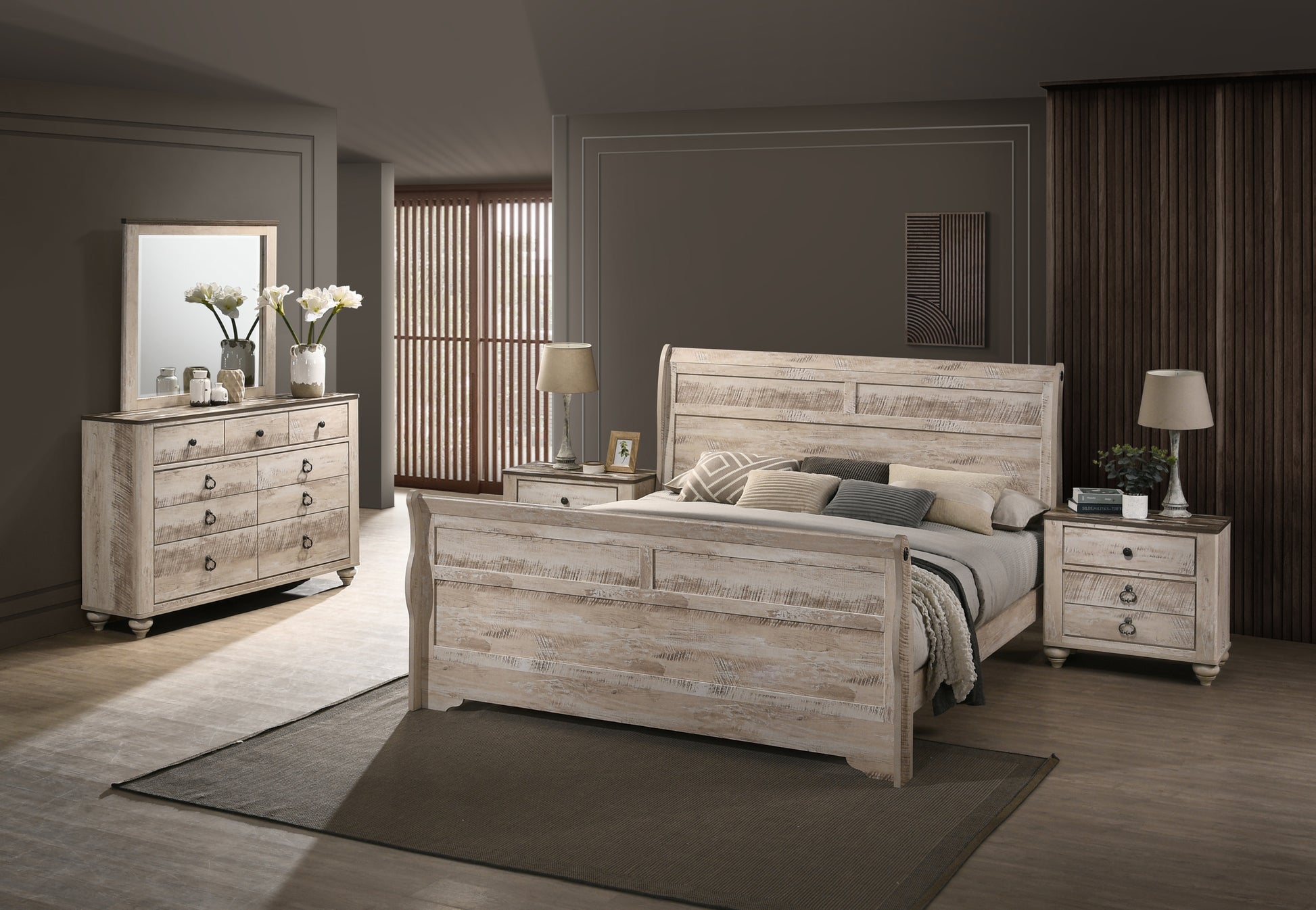 Imerland Contemporary White Wash Finish Bedroom Set With King Sleigh Bed, Dresser, Mirror, Two Nightstands Box Spring Required King Walnut Brown Wood Imerland Contemporary White Wash Finish Bedroom Set With King Sleigh Bed, Dresser, Mirror, Two Nightstands Box Spring Required King Walnut Brown Wood