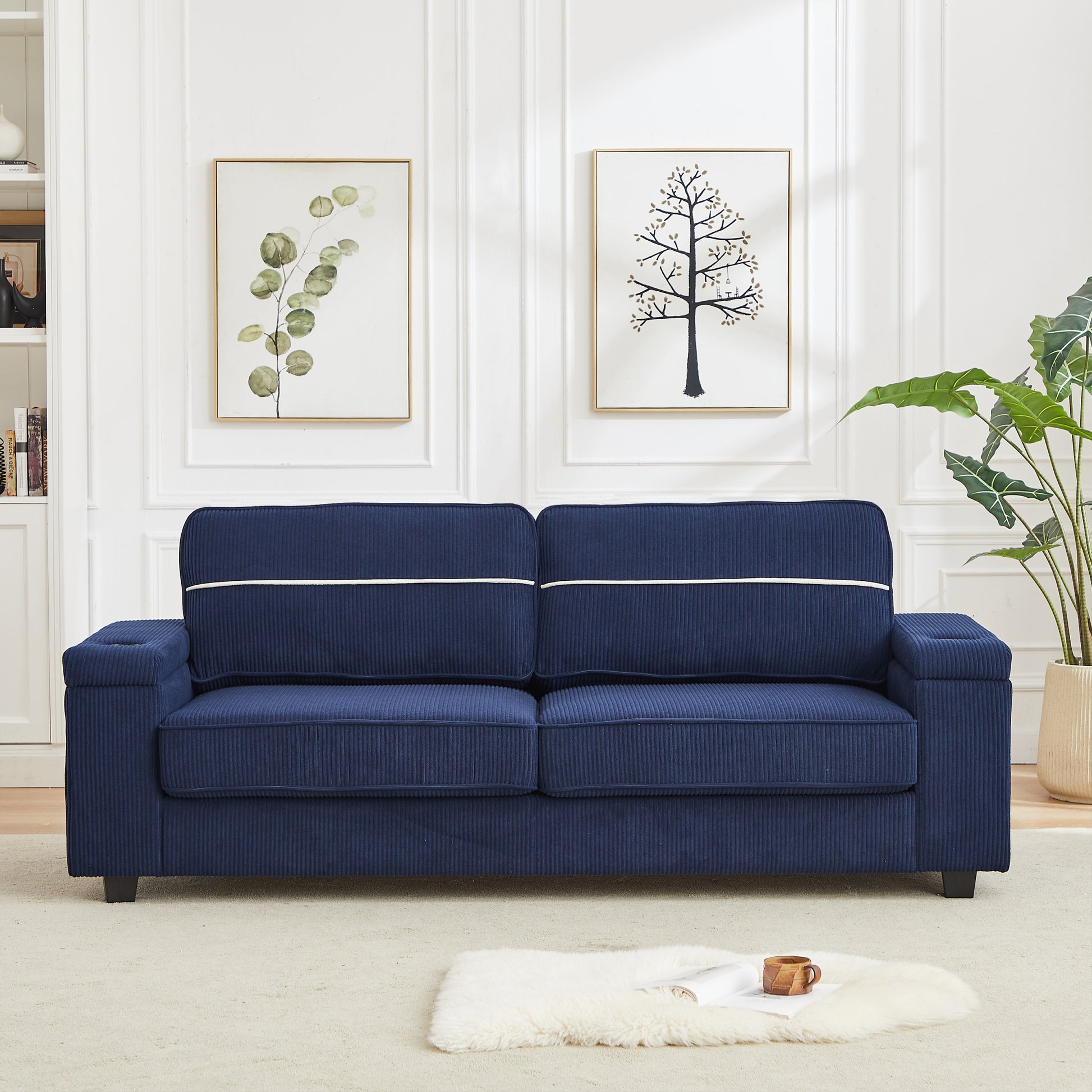 86.5 Inch Sofa Couch Deep Seat Sofa With Two Storage Spaces, T Pyce Charging Portsusb Charging Ports & 2 Cup ,Corduroy 3 Seater Couch, Modern Sofas For Living Room Blue Foam Corduroy 3 Seat