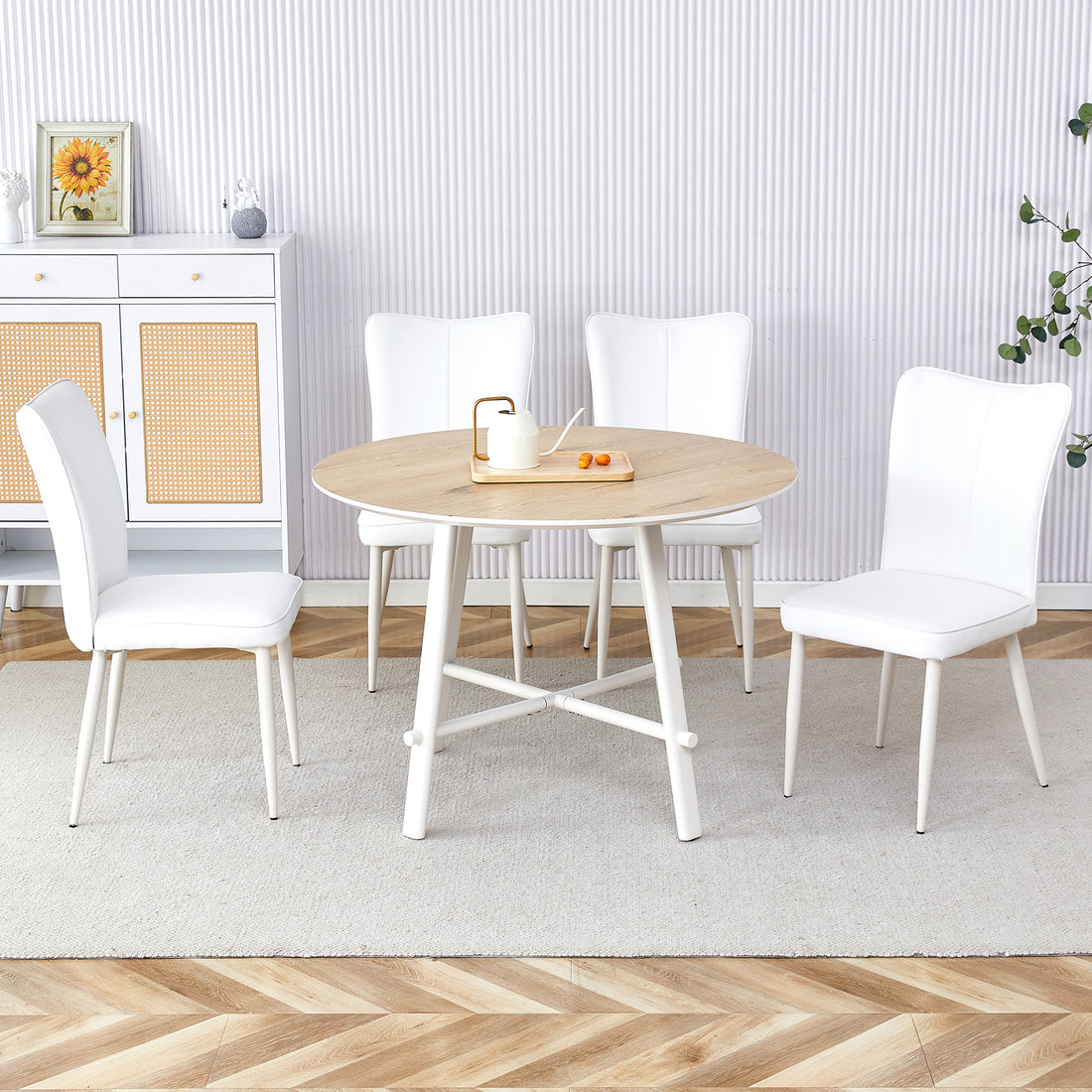 Table And Chair Set, Mdf Desktop, White Metal Table Legs, Stable And Beautiful, Suitable For Most Styles Of Home. Modern Simple Dining Table, Comfortable Seating. White Seats 4 Mdf
