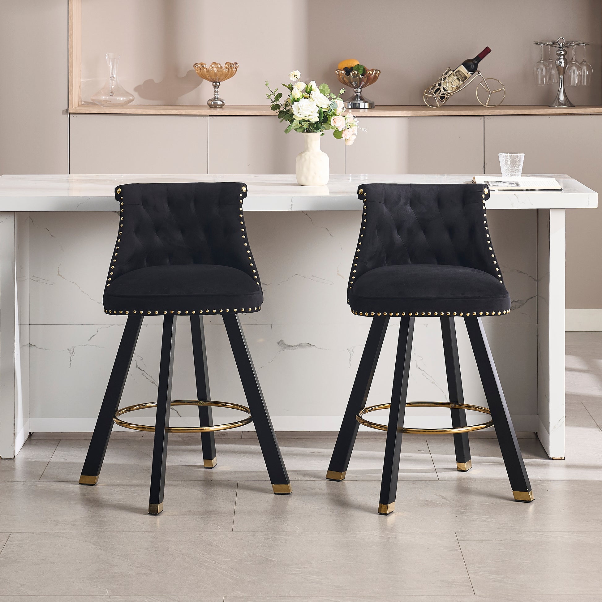 Coolmore Set Of 2,Back Pull Point Design, Velvet Material, 360 Degree Rotation, Back Pull Loop Detachable Design, Rivet Decoration, Square Foot Wooden Bar Chair Black Velvet