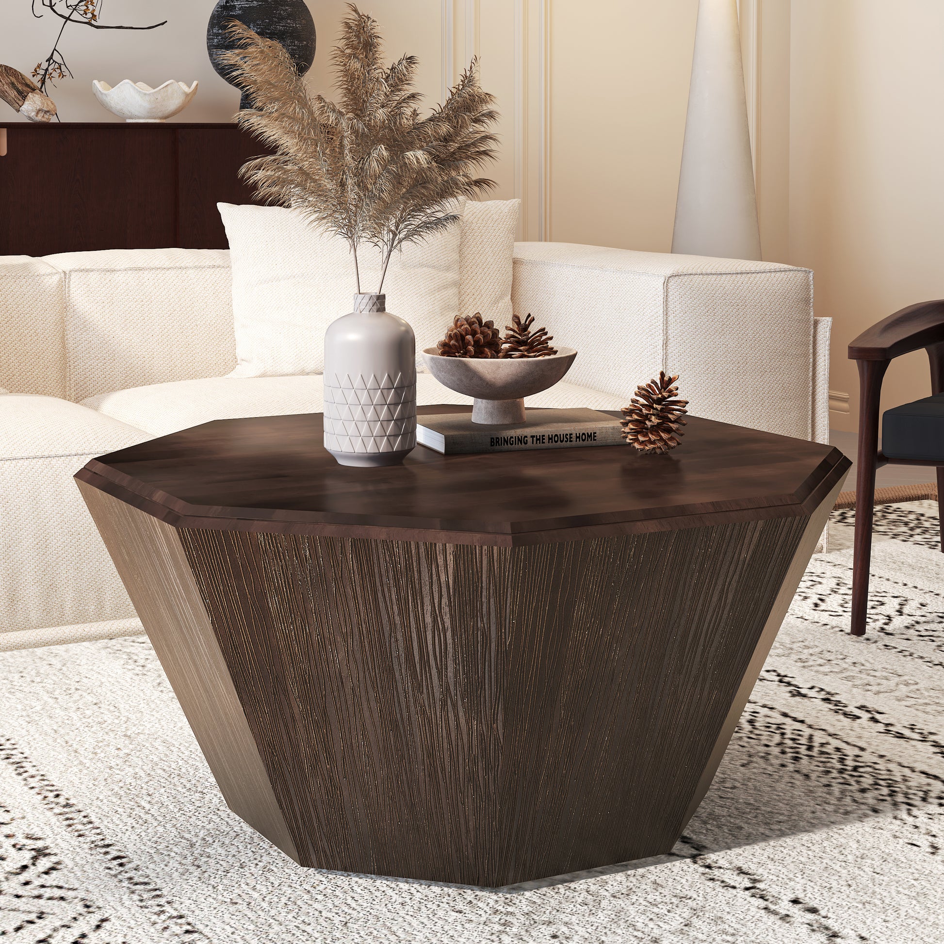 31.5 "Octagonal Black Walnut Rubber Wood Coffee Table, Coffee Table, Living Room Bedroom Walnut Rubber Wood