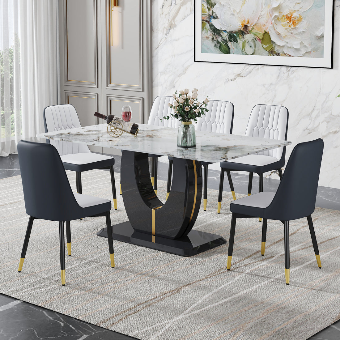 Table And Chair Set, Modern Dining Table, Patterned Table Top And Black Mdf Leg Table, Soft And Comfortable Dining Chair, Perfect For Dinner, Meetings, Home And Office Decor White Gray Mdf Glass