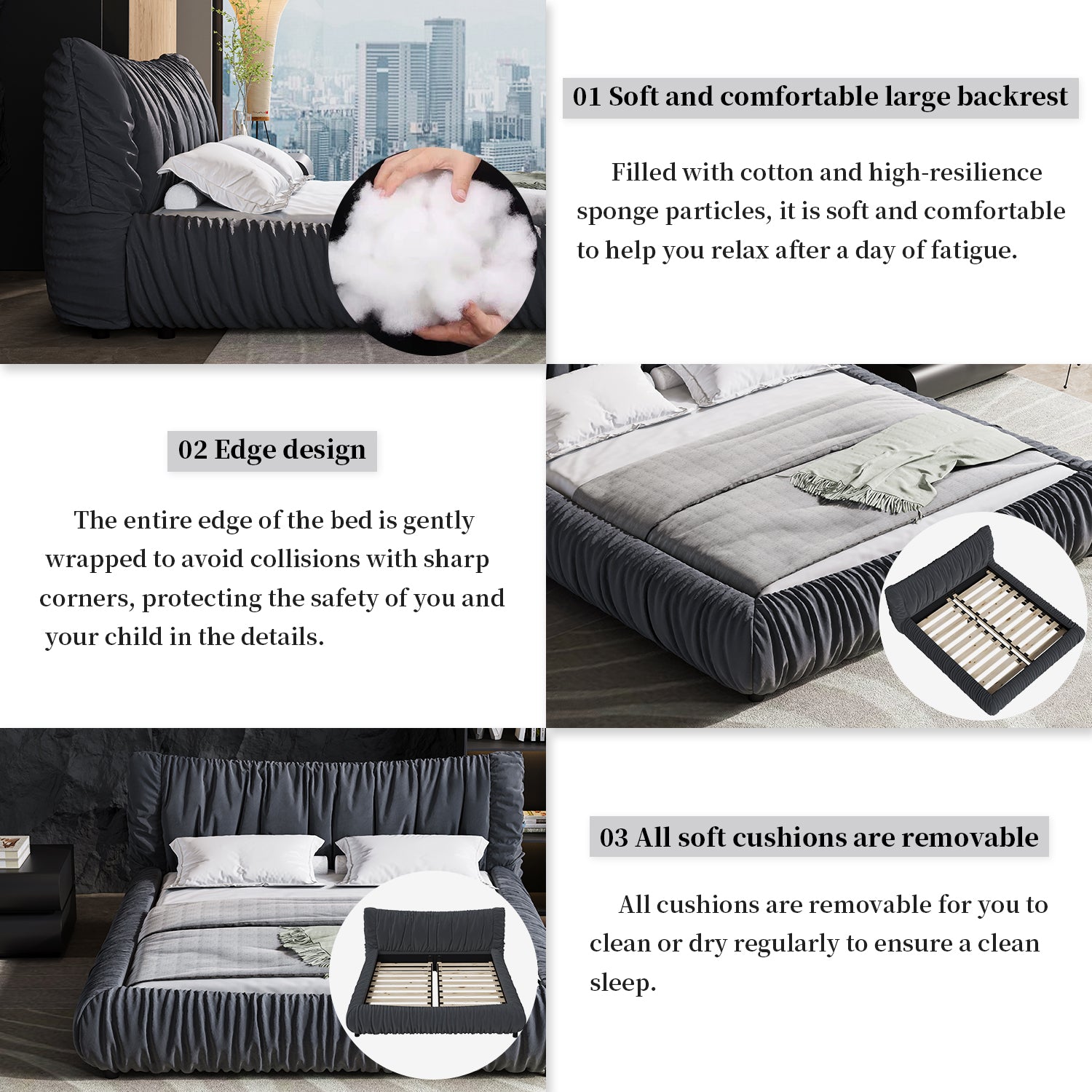 King Size Luxury Upholstered Platform Bed With Removable Cushion And Solid Wood Frame,Suitable For Multiple Heights Of Mattresses,Dark Grey King Dark Grey Upholstered