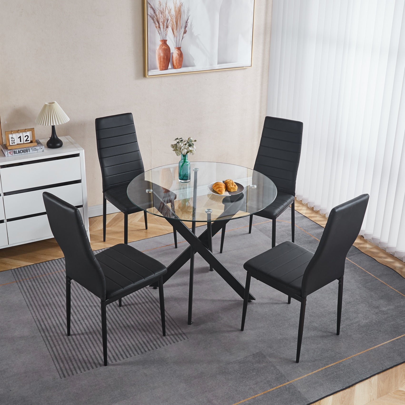 Black Dining Table With Cross Metal Leg And Tempered Glass,Modern Space Saving Kitchen Table For Living Room Black Glass Metal