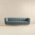Lamattina Genuine Italian Blue Leather Channel Tufted Sofa Dusty Blue,Pewter Genuine Leather Wood Mid Century Modern Foam Genuine Leather 4 Seat