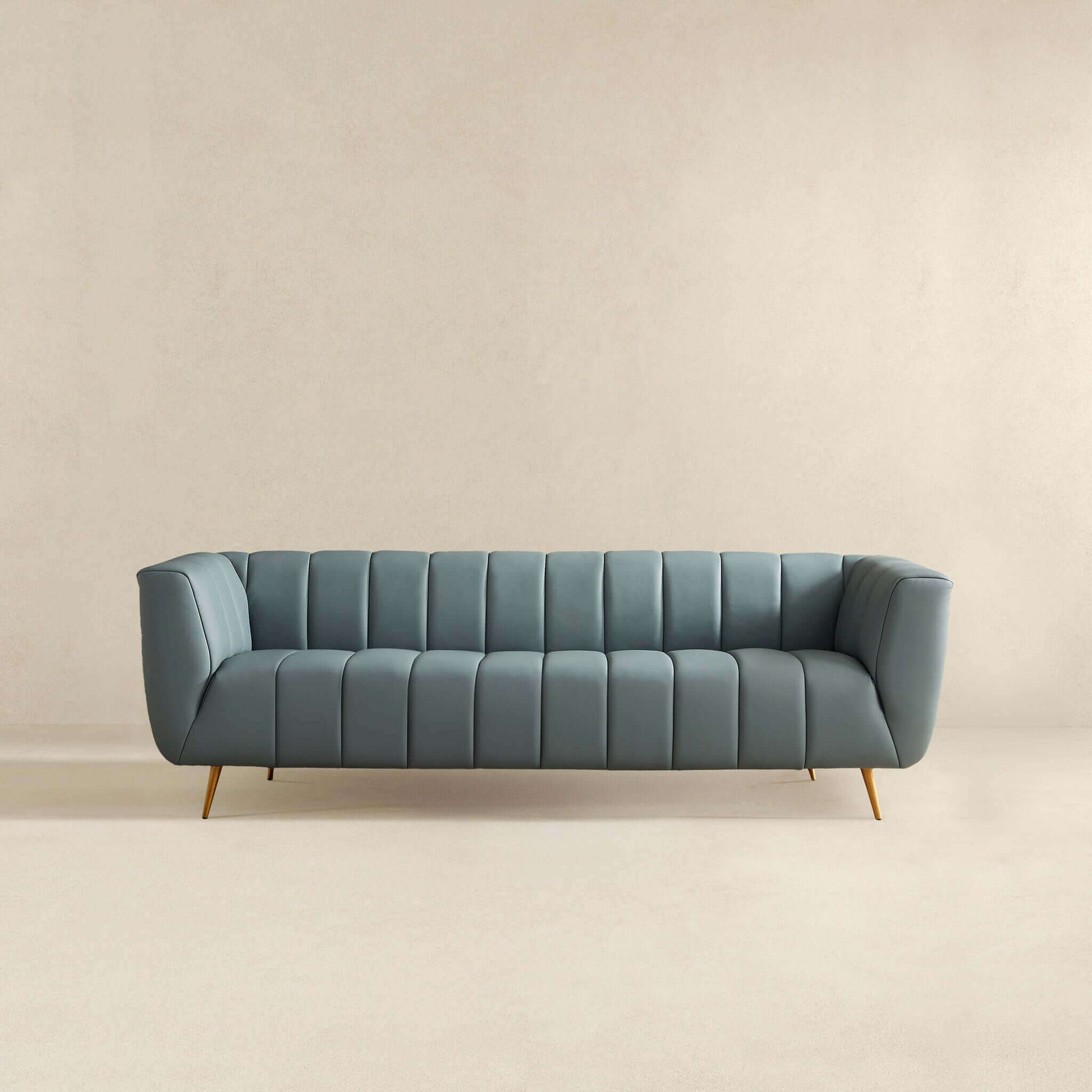 Lamattina Genuine Italian Blue Leather Channel Tufted Sofa Dusty Blue,Pewter Genuine Leather Wood Mid Century Modern Foam Genuine Leather 4 Seat