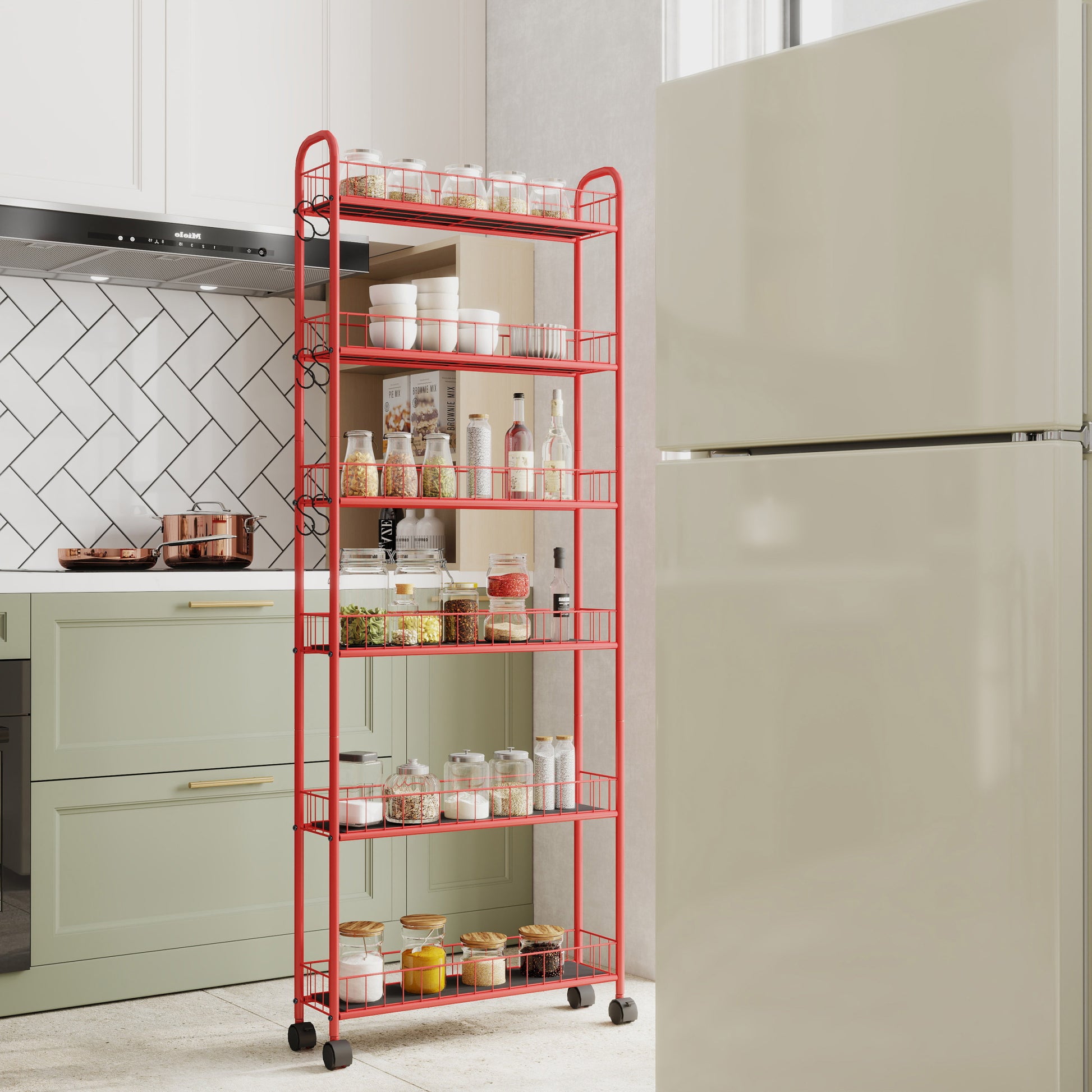 Red 6 Tier Rolling Cart Gap Kitchen Slim Slide Out Storage Tower Rack With Wheels,6 Baskets,Kitchen,Bathroom Laundry Narrow Piaces Utility Cart Red Kitchen American Design,American Traditional Metal