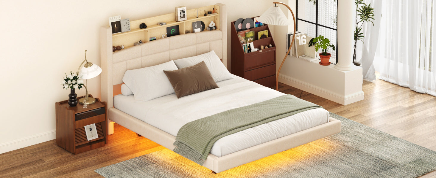 Queen Size Upholstered Floating Bed With Led And Storage Headboard, Beige Box Spring Not Required Queen Beige Wood Bed Frame Linen Upholstered