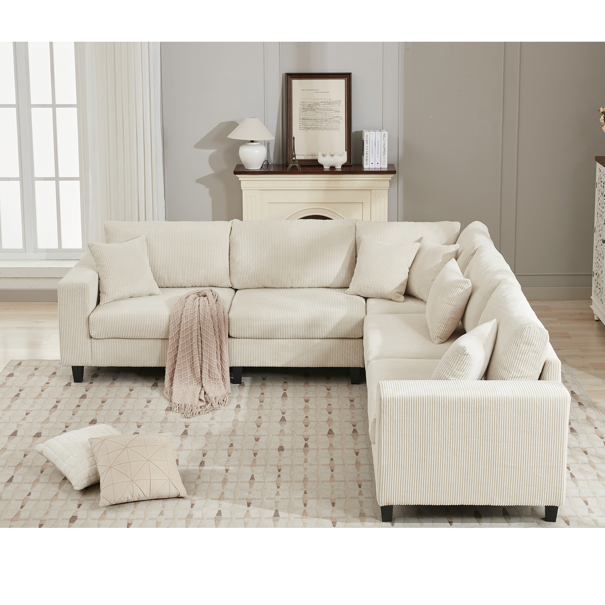 Packaging Upgrade Oversized Modular Sectional Sofa Set, L Shaped Couch,Corduroy ,Upholstered,Deep Seat,5 Seat,5 Throw Pillow And 6 Back Cushion,Living Room, Apartment ,Beige Beige Polyester Wood