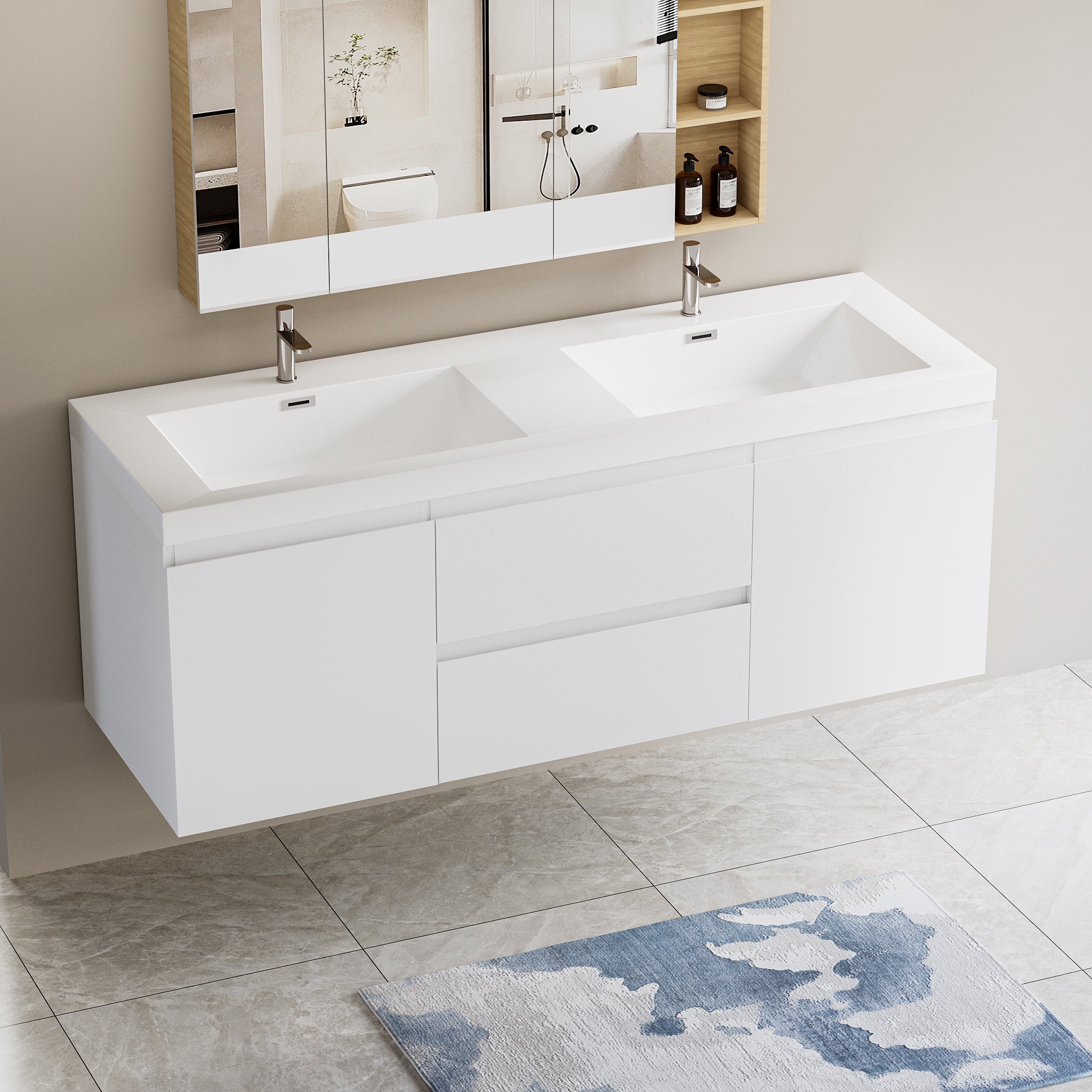 60" Floating Bathroom Vanity With Sink, Modern Wall Mounted Bathroom Storage Vanity Cabinet With Double Resin Top Basin And Two Soft Close Drawers, Glossy White 24V11 60Dgw 2 White 2 Wall Mounted Mdf