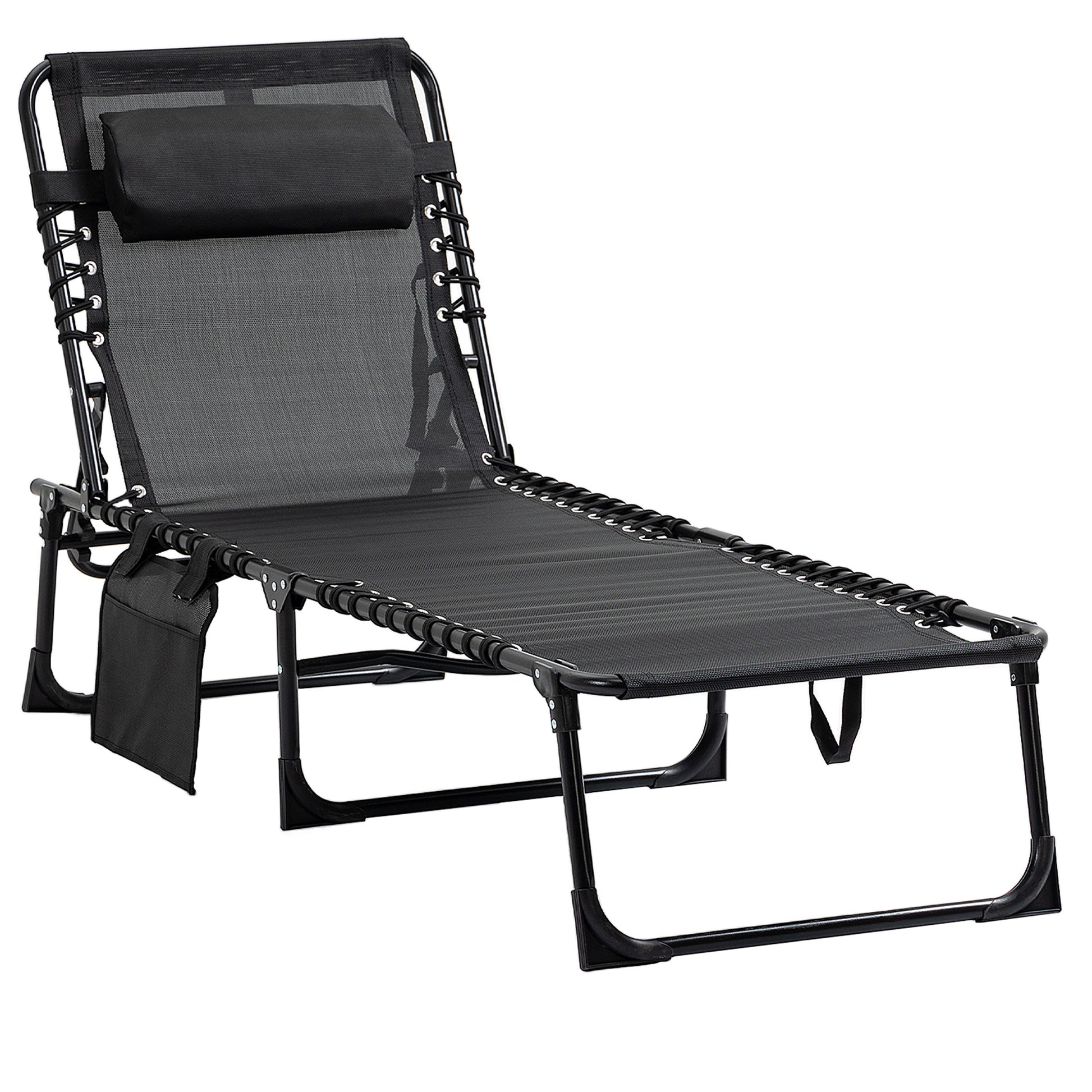 Outsunny Reclining Chaise Lounge Chair, Portable Sun Lounger, Folding Camping Cot, With Adjustable Backrest And Removable Pillow, For Patio, Garden, Beach, Black Black Fabric