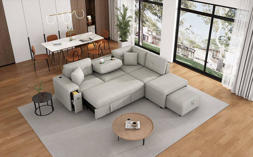 86.6" Sectional Sofa L Shaped Sofa Couch Pull Out Sofa Bed With A Movable Ottoman, Two Usb Ports And Two Cup Holders For Living Room, Gray Grey Foam Chenille 4 Seat