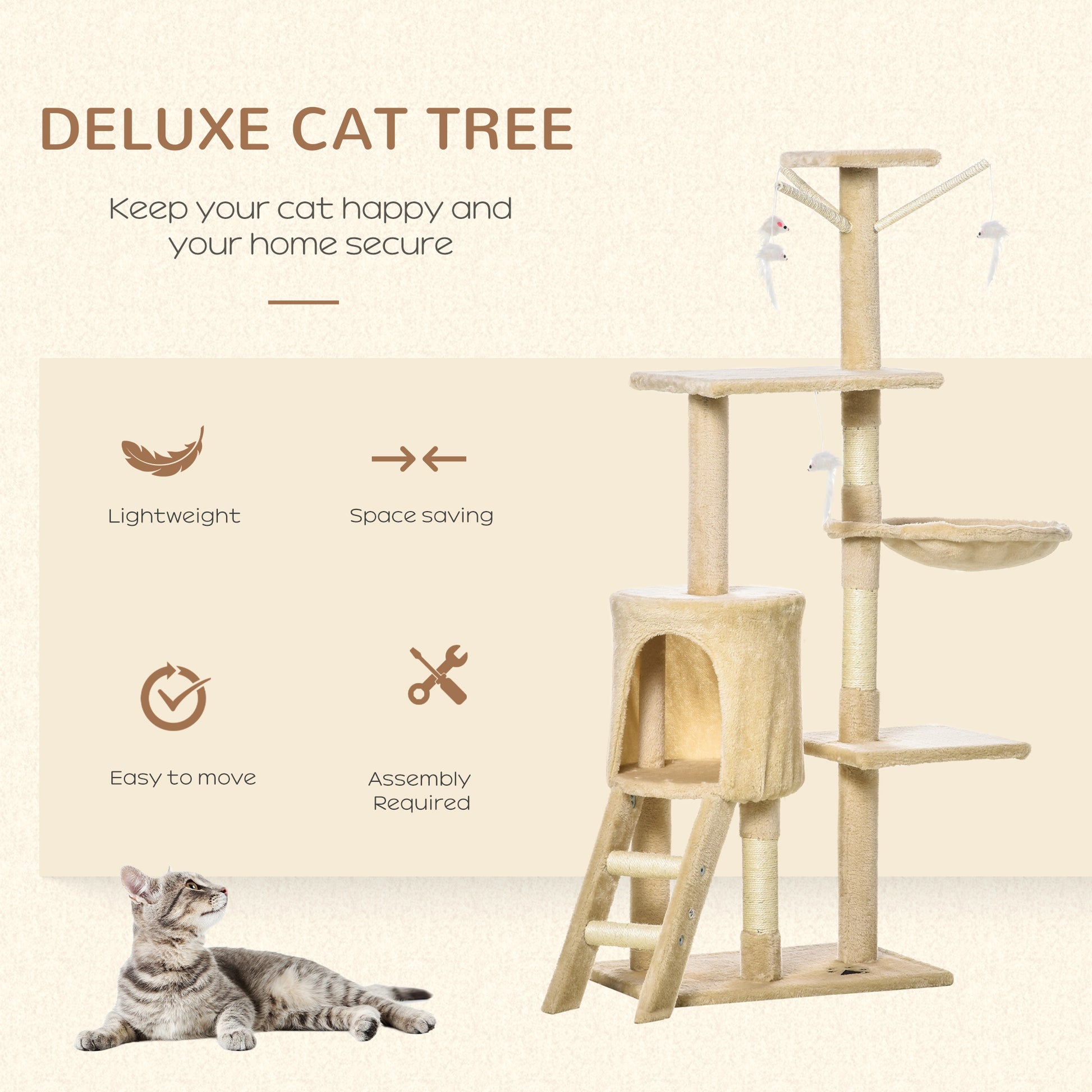 Pawhut 53" Plush Sturdy Interactive Cat Condo Tower Scratching Post Activity Tree House Beige Beige Mdf