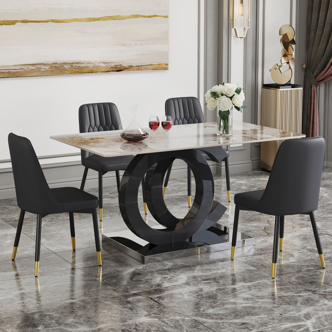 Table And Chair Set.63"X31.5" Marble Pattern Sintered Stone Table With Mdf Oc Shaped Bracket.Paired With 4 Black Chairs With Pu Cushions And Black Metal Legs.Suitable For Kitchen,Dining Room,Etc.