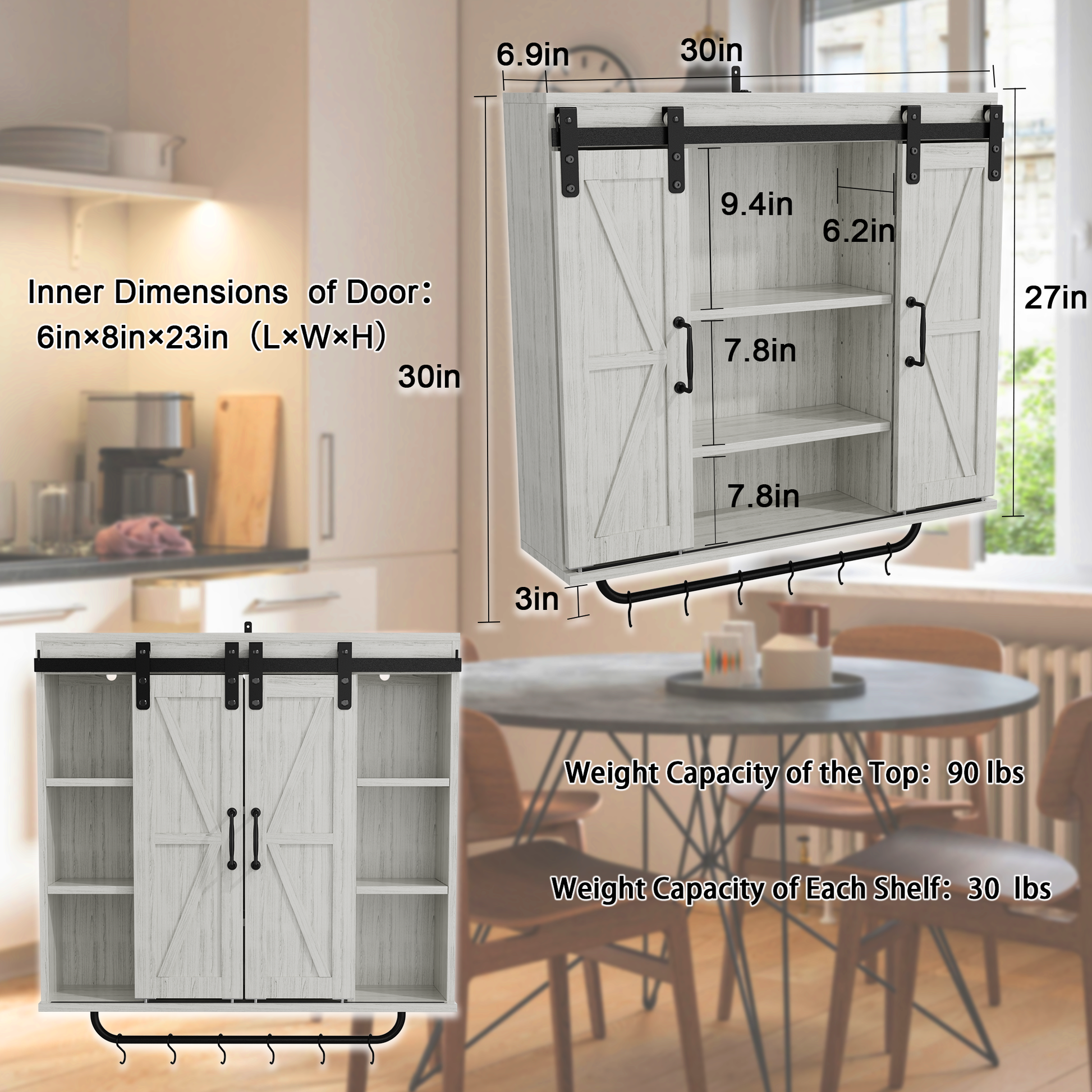 Rustic Wood Wall Storage Cabinet With Two Sliding Barn Door, 3 Tier Decorative Farmhouse Vintage Cabinet For Kitchen Dining, Bathroom, Living Room, Vintage Gray Gray Adjustable Shelves Particle