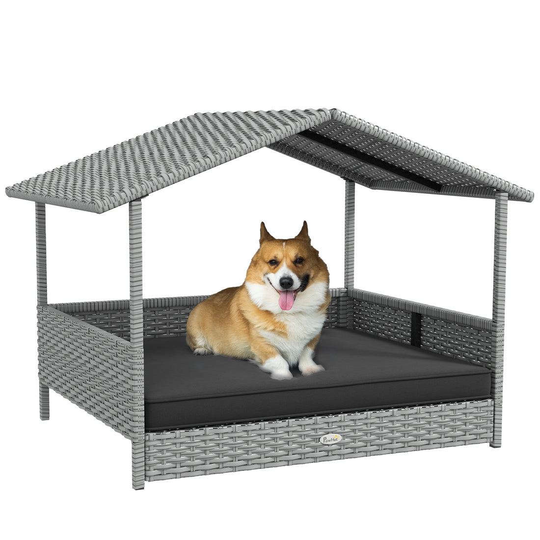 Pawhut Wicker Dog House Outdoor With Canopy, Rattan Dog Bed With Water Resistant Cushion, For Small And Medium Dogs, Gray Gray Rattan