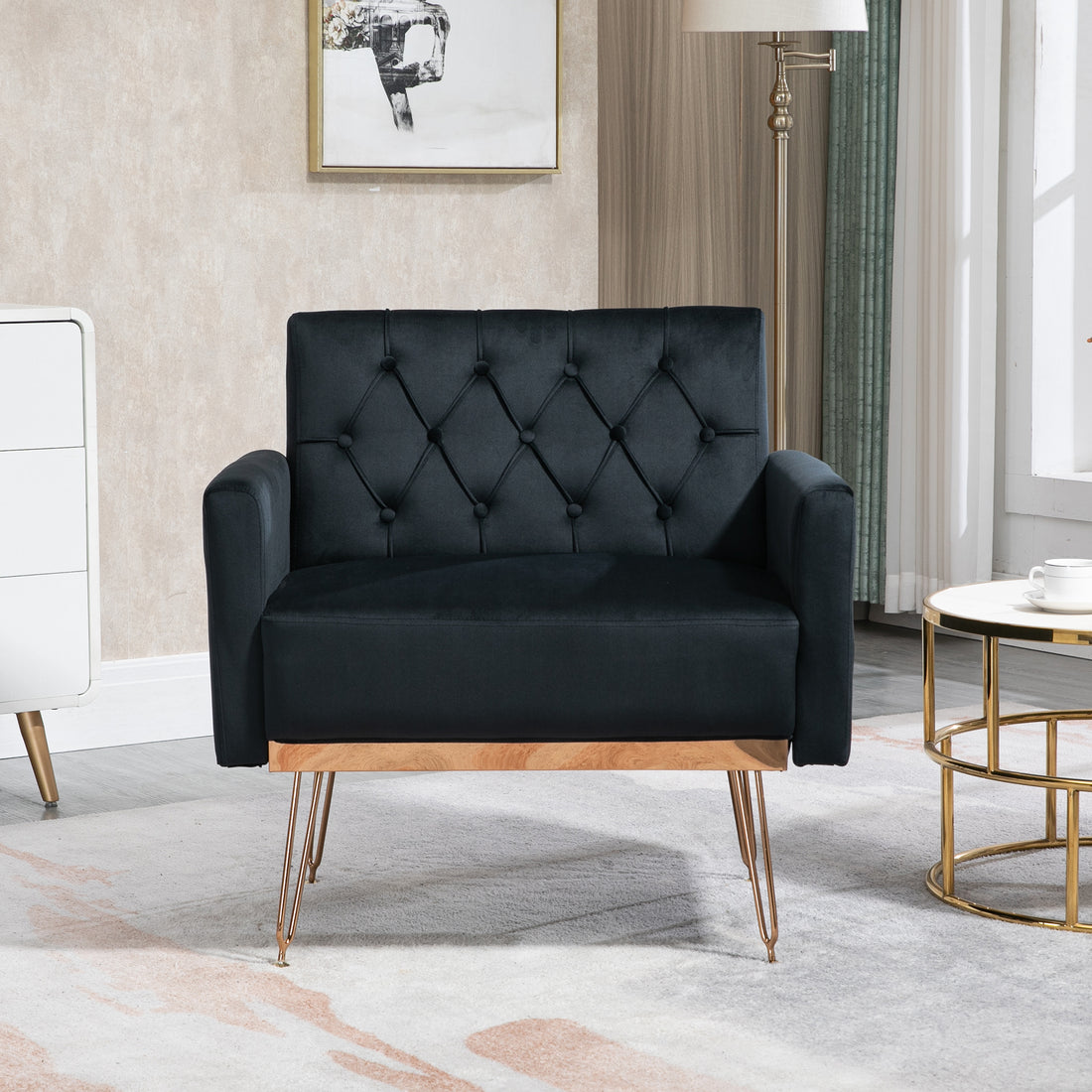 Coolmore Velvet Armchair Single Sofa Modern Tufted Upholstered Side Reading Chairs With Arm And Gold Metal Leg For Living Room Bedroom Black Black Foam Velvet