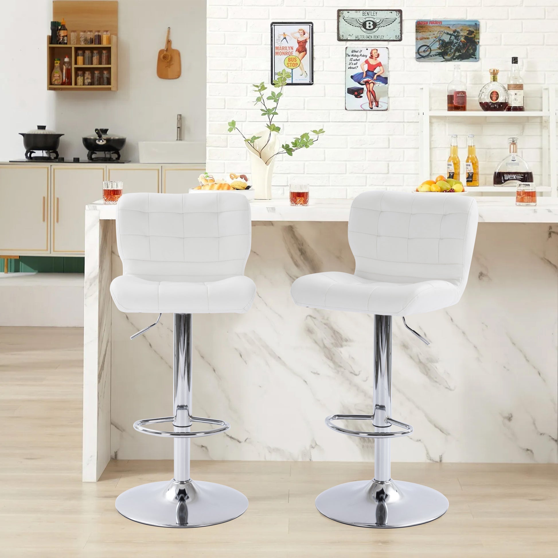 Tufted Wingback Modern Adjustable Modern Swivel Height Barstools Counter Stool For Kichen Island Set Of 2 ,White Chrome Metal