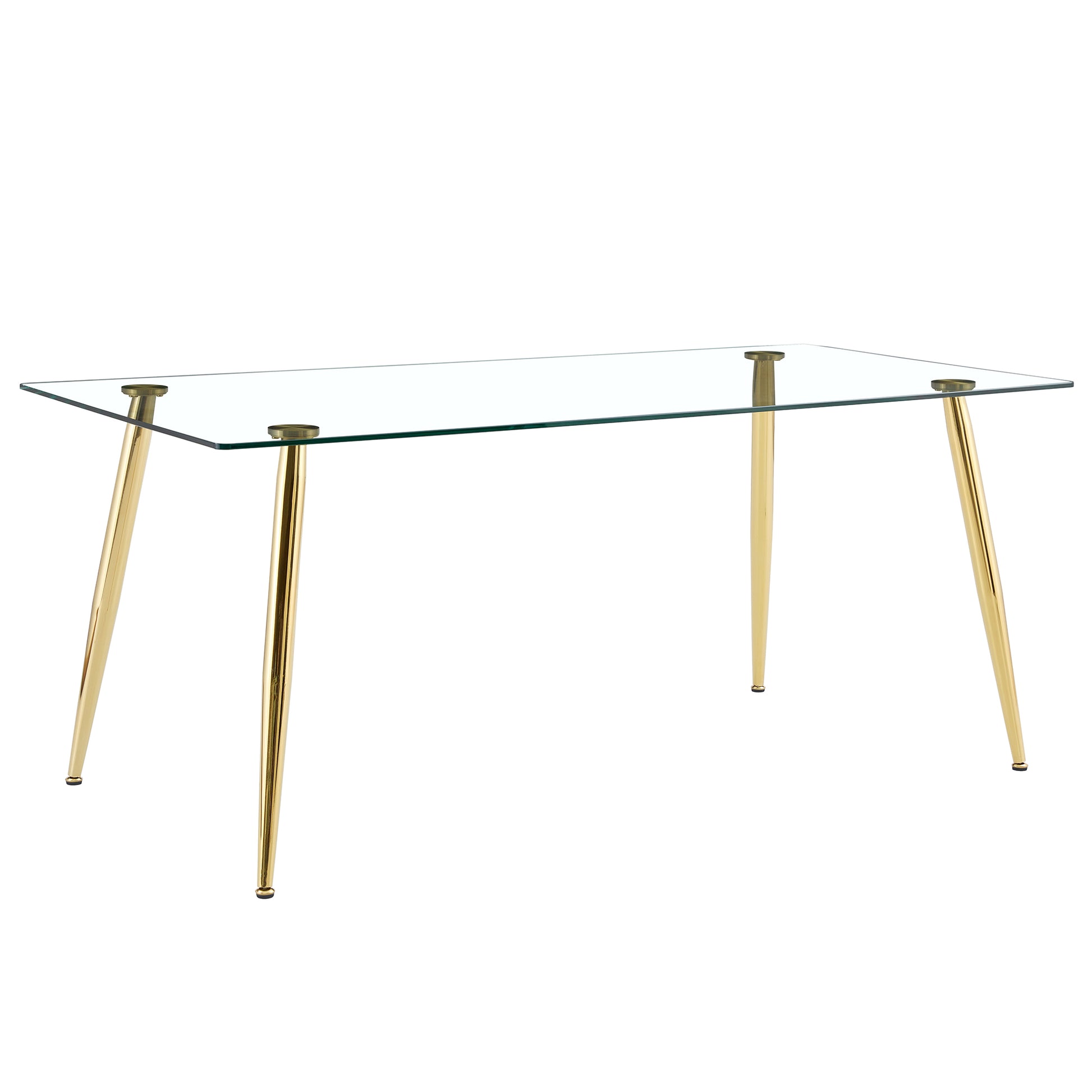 Table And Chair Set.Modern Rectangular Glass Dining Table With Tempered Glass Countertop And Golden Metal Legs, Paired With Multiple Transparent High Quality Pet Dining Chairs With Golden Legs. Gold Seats 6 Tempered Glass