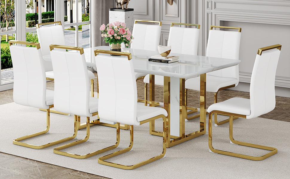 Table And Chair Set.67"X36" White Marble Pattern Mdf Dining Table Set With 8 White Pu Chairs.Mdf Sticker,White Marble Pattern Sticker,Gold C Tube Chair Legs,Suitable For Kitchen,Dining Room,Etc.