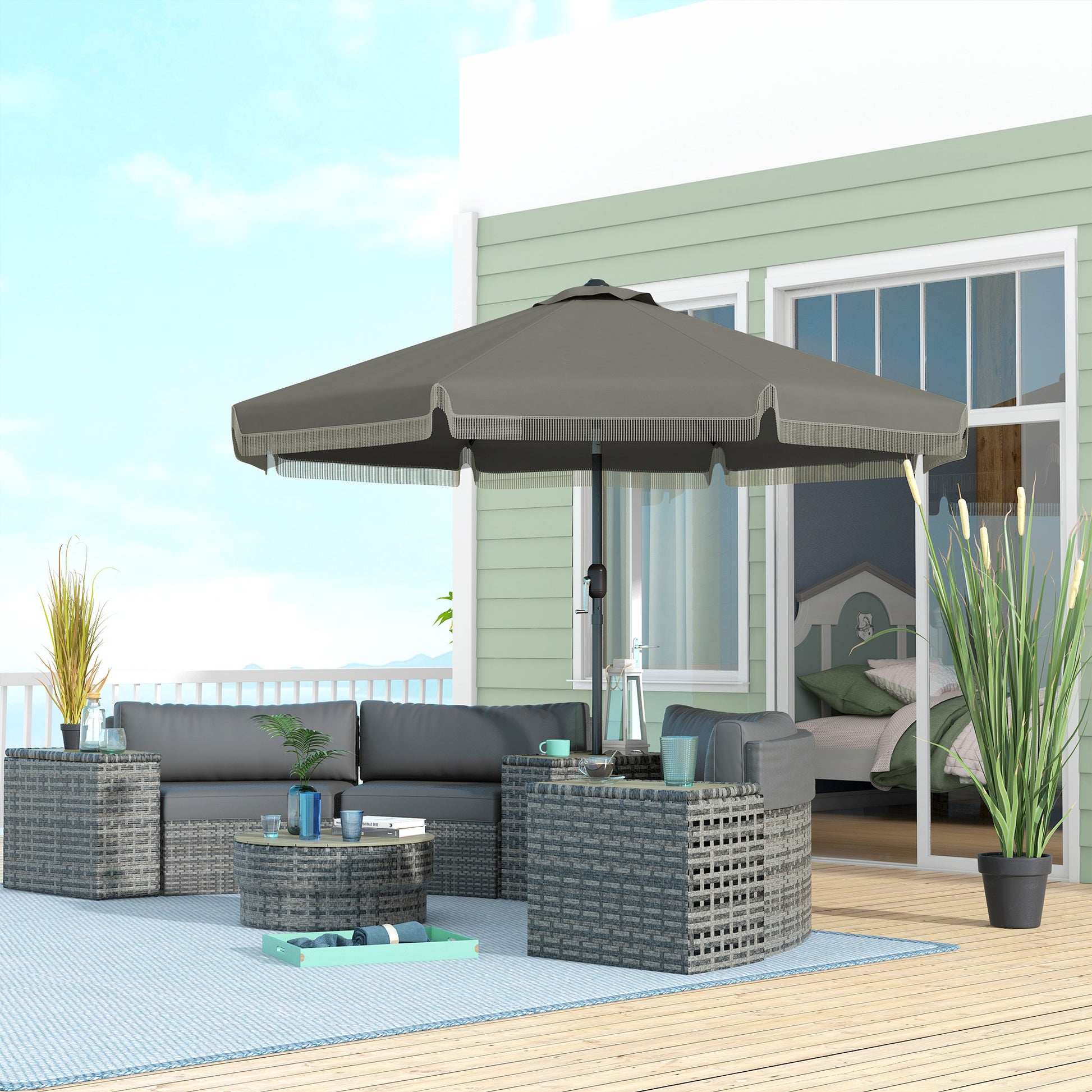 Outsunny 9Ft Patio Umbrella With Push Button Tilt And Crank, Ruffled Outdoor Market Table Umbrella With Tassles And 8 Ribs, For Garden, Deck, Pool, Dark Gray Dark Grey Polyester