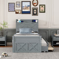 Twin Size Wooden Bed With Storage Headboard With Outlets, Extendable Bed With Twin Size Trundle With Three Storage Drawers,Gray Twin Gray Wood