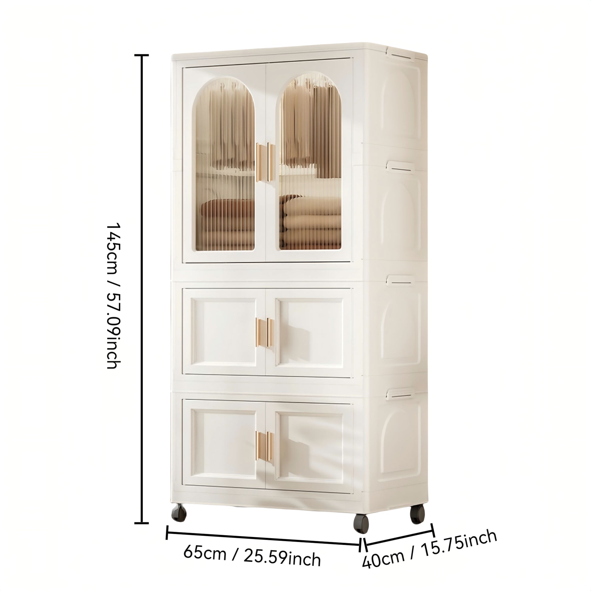 25.59" Side Wide Folding Wardrobe25.59" 15.75" 57.09", With Magnetic Door, Plastic Storage Cabinet With Wheels One Layer Of Wardrobe Two Layers Of Folding Boxes 10 Hangers Cream White Plastic