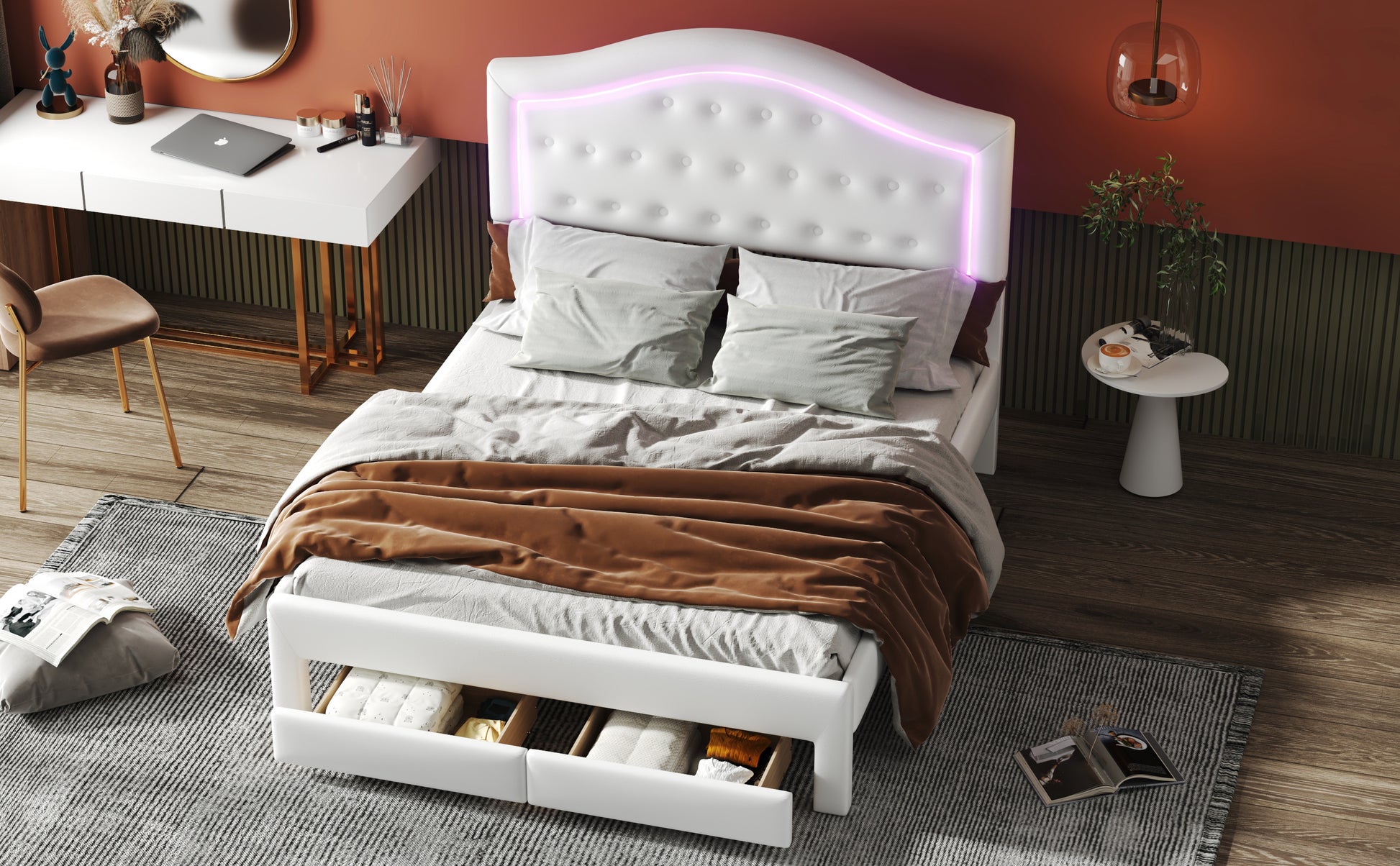 Queen Size Upholstered Platform Bed With Tufted Headboard, Led And 2 Drawers, White Box Spring Not Required Queen White Wood Bathroom Bed Frame Faux Leather Upholstered