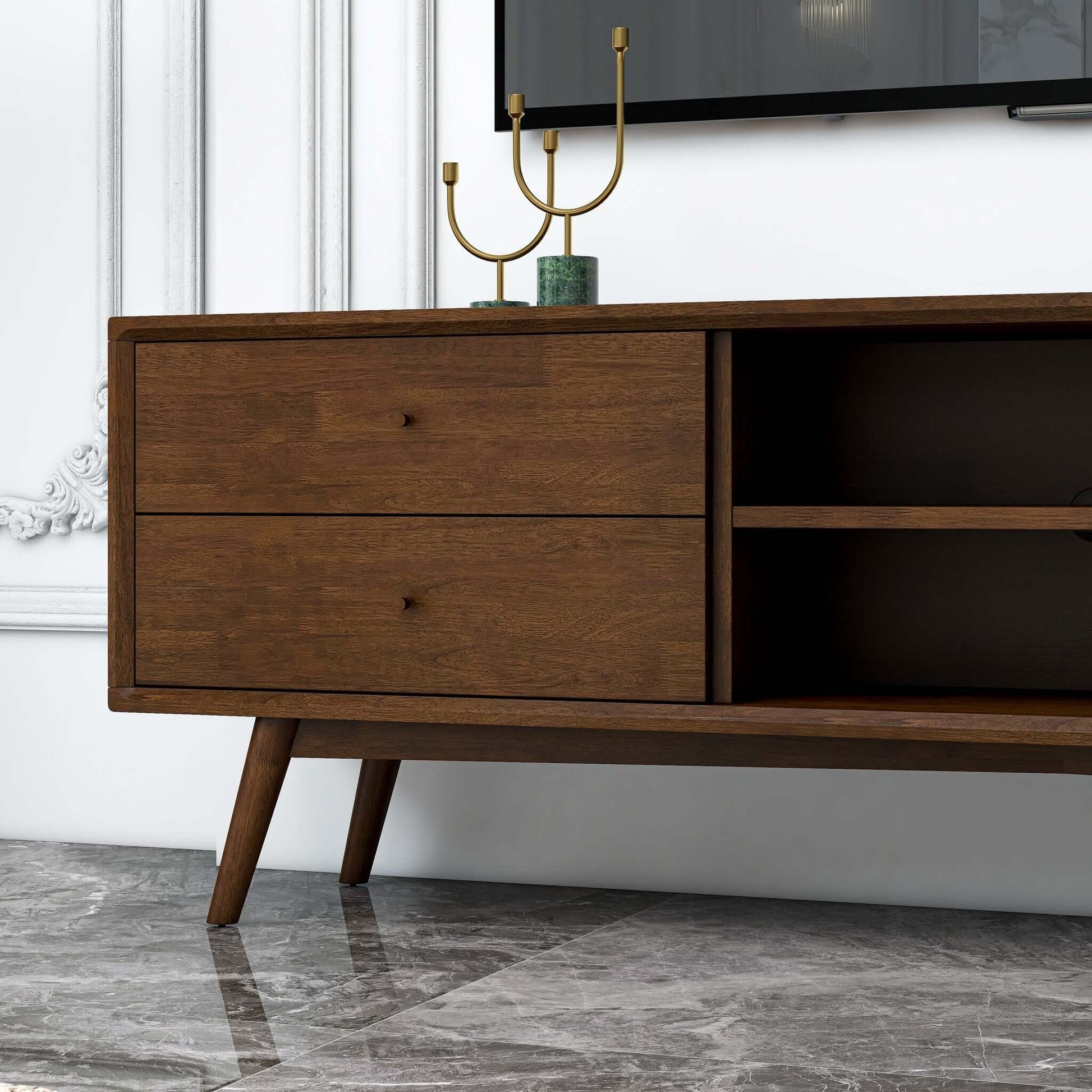 Caroline Mid Century Modern Style Walnut Tv Stand Up To 72" Brown,Dark Brown,Wood Brown 70 79 Inches Primary Living Space 70 79 Inches Mid Century Modern 70 Inches Solid Wood