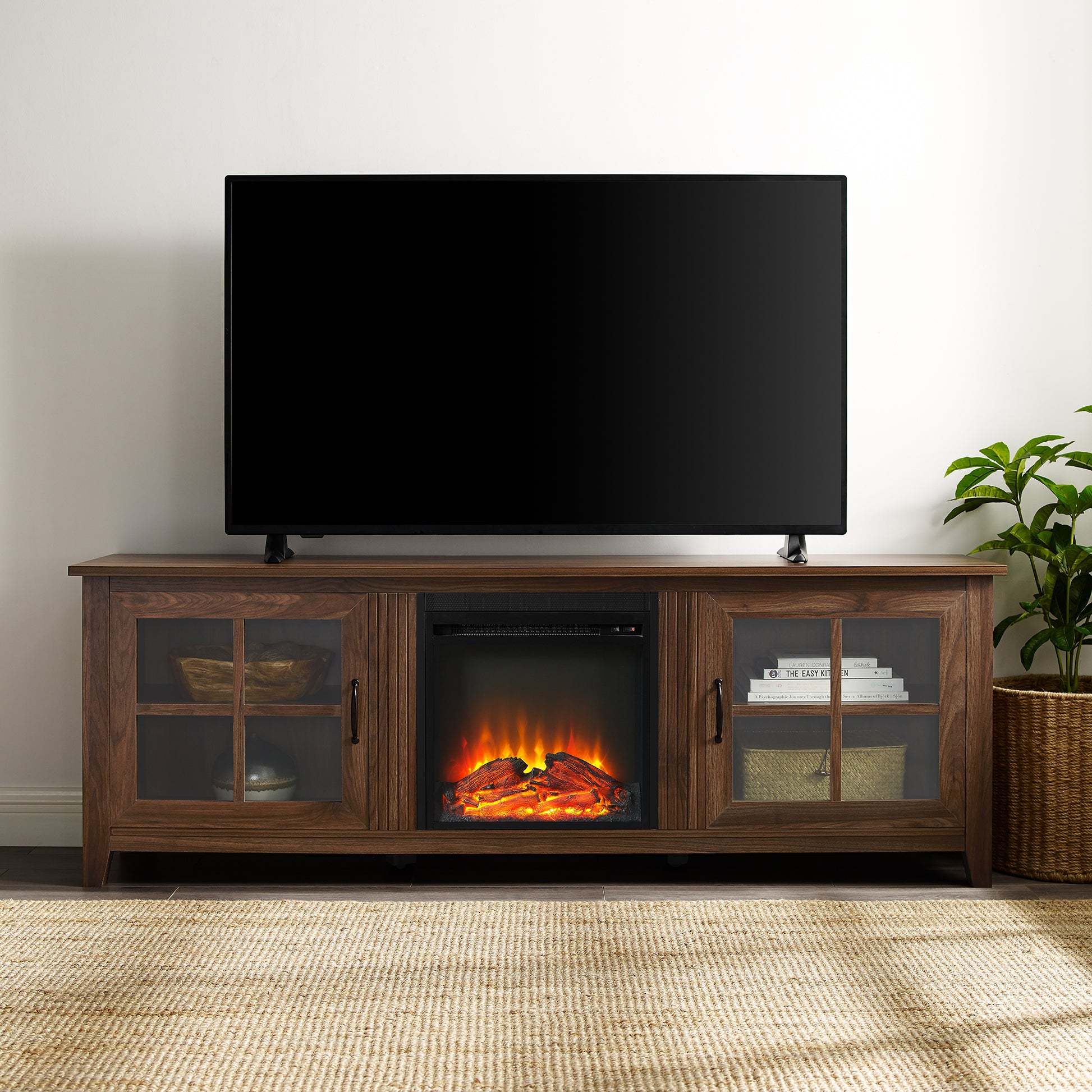 Modern Farmhouse 2 Door Glass Windowpane 70" Fireplace Tv Stand For 80" Tvs Dark Walnut Dark Brown Mdf