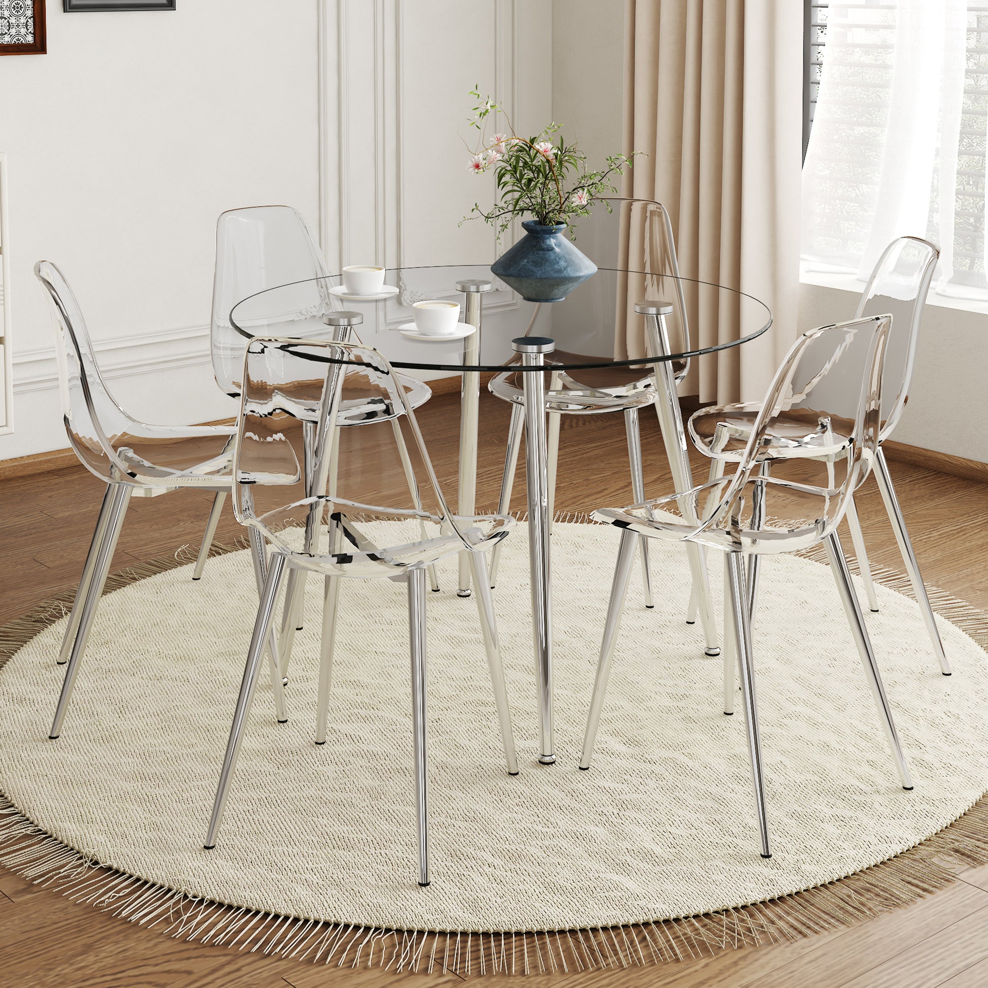 Table And Chair Set.A Modern Minimalist Round Dining Table With Transparent Tempered Glass Top And Silver Metal Legs,Paired With 6 Multiple Transparent High Quality Pet Dining Chairs With Silver Legs. Silver,Transparent Seats 6 Glass Metal