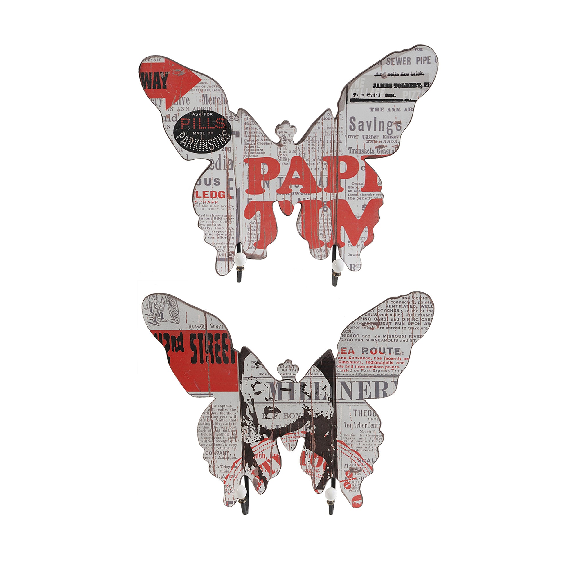 Butterfly Shaped Newspaper Print Wall Decor, Set Of 2, Multicolor Multicolor Wood Metal
