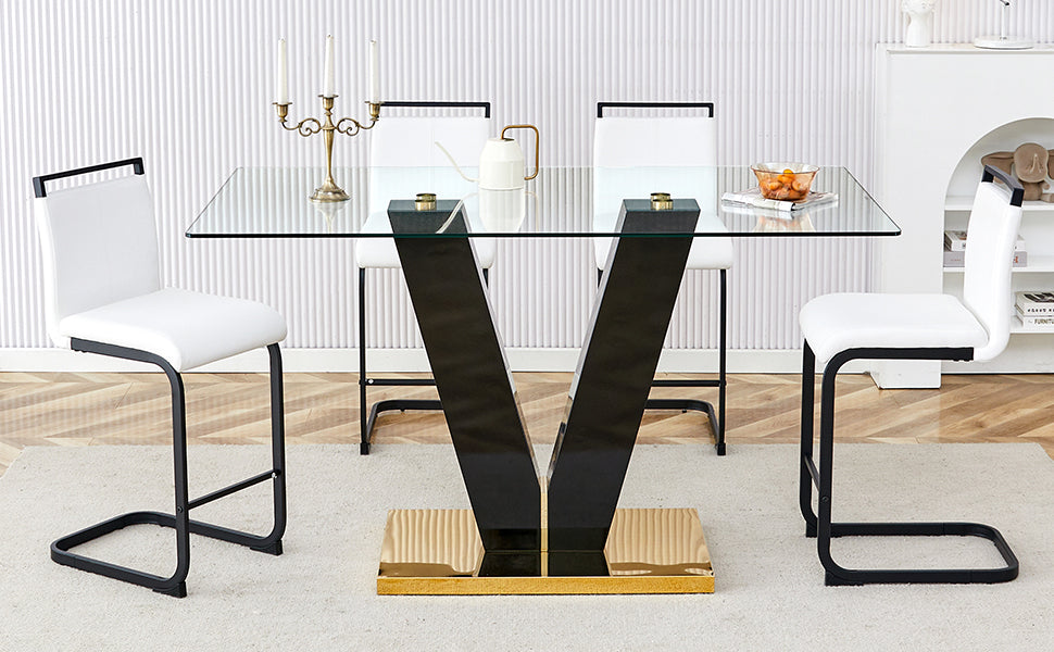 Table And Chair Set. A Rectangular Glass Dining Table With A 0.4 Inch Tempered Glass Tabletop And Mdf Board V Shaped Bracket, Paired With Chairs Consisting Of Pu Seat Cushions And Black Metal Legs. White Black Seats 4 Tempered Glass