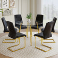 A Modern Minimalist Style Round Transparent Tempered Glass Table With Gold Metal Legs, Paired With 6 Modern Pu Leather High Back Dining Chairs ,Bring A Luxurious Experience. Black Seats 6 Glass Metal