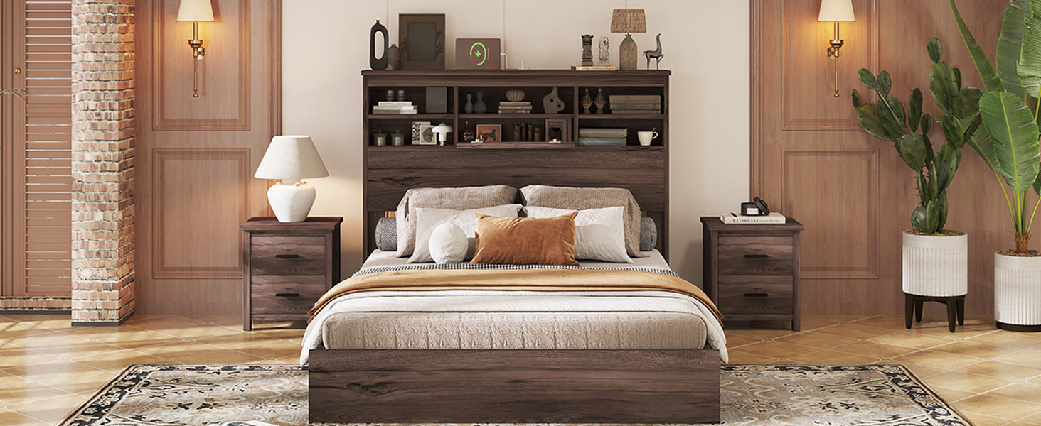 Queen Size Wooden Platform Bed With Storage Headboard,American Country Style Bed With Usb Charging Ports,Dark Walnut Queen Walnut American Traditional Mdf