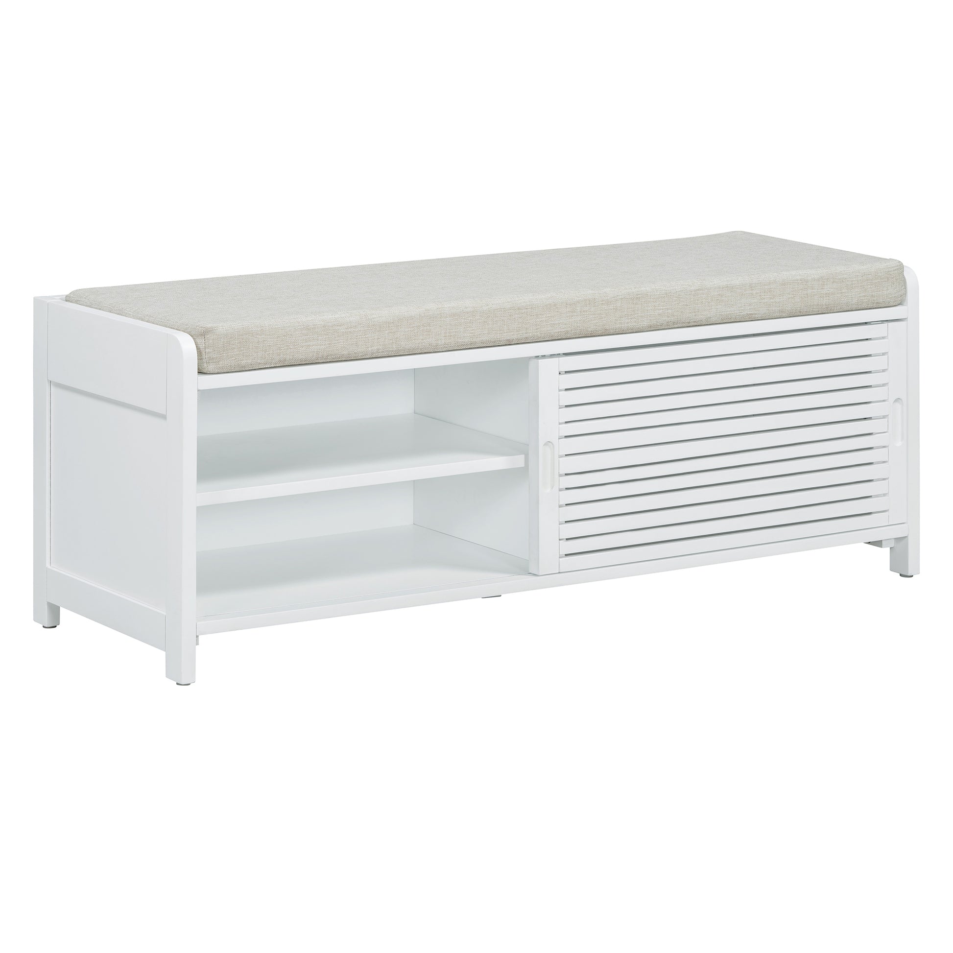 Distressed Shutter Storage Bench With Acacia Veneer For Retro Charm For Living Room, Entryway White White Mdf