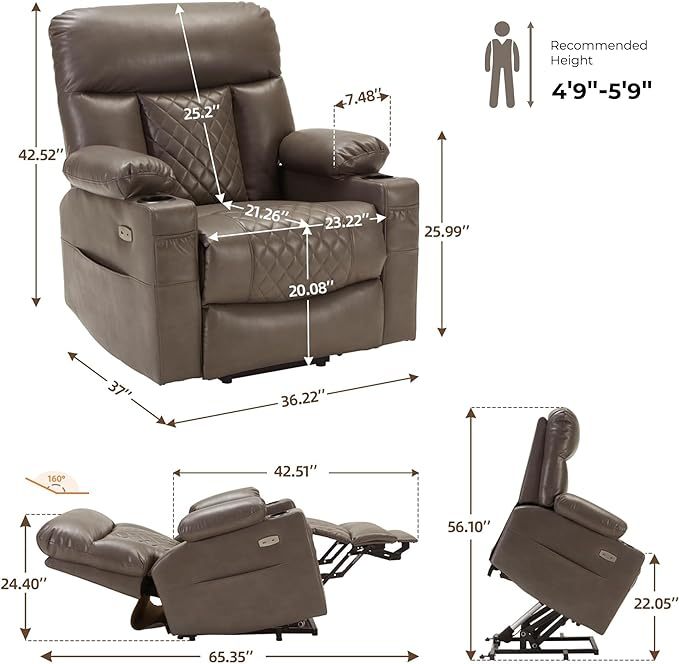 Lift Chairs Recliner For Elderly Heat And Massage Chair Recliner Electric Power Recliner With Cup Holder Extended Footrest Usb & Type C Ports Light Brown Wood Primary Living Space Heavy Duty Push Button Acacia Grey Velvet Power Push Button Soft Cushion