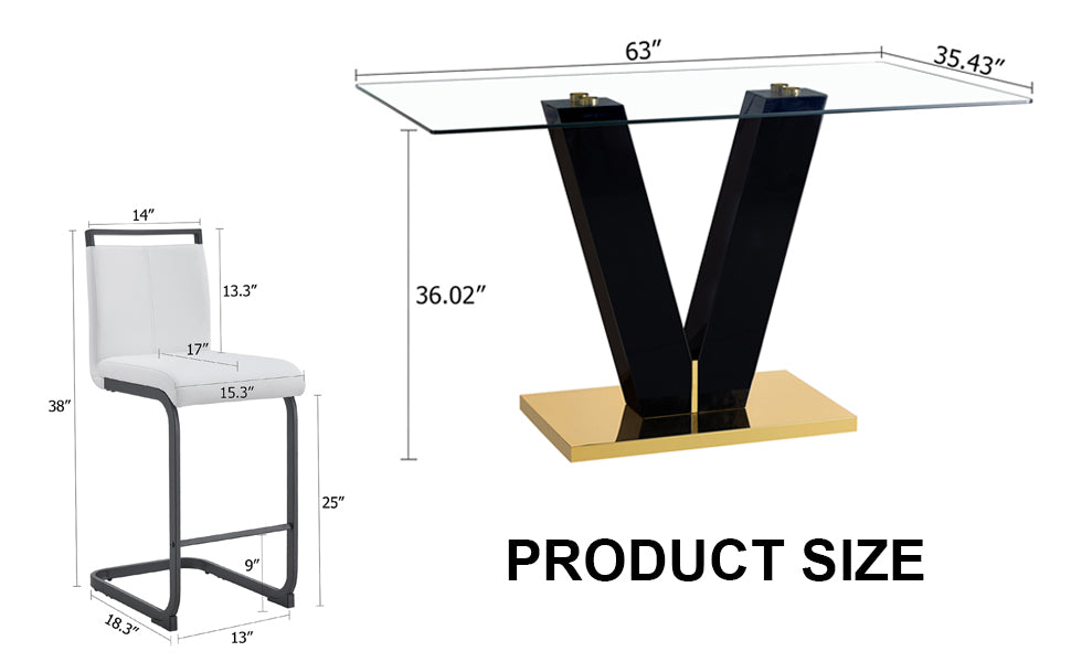 Table And Chair Set. A Rectangular Glass Dining Table With A 0.4 Inch Tempered Glass Tabletop And Mdf Board V Shaped Bracket, Paired With Chairs Consisting Of Pu Seat Cushions And Black Metal Legs. White Black Seats 6 Tempered Glass