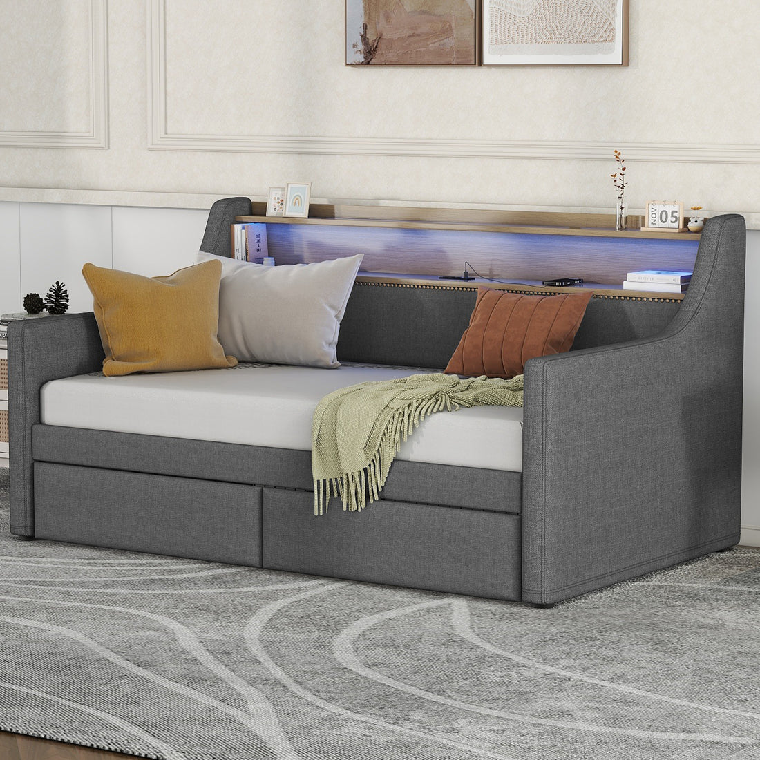 Twin Size Daybed With Storage Drawers, Upholstered Daybed With Charging Station And Led Lights, Gray Old Item W1580S00023 Twin Gray Linen